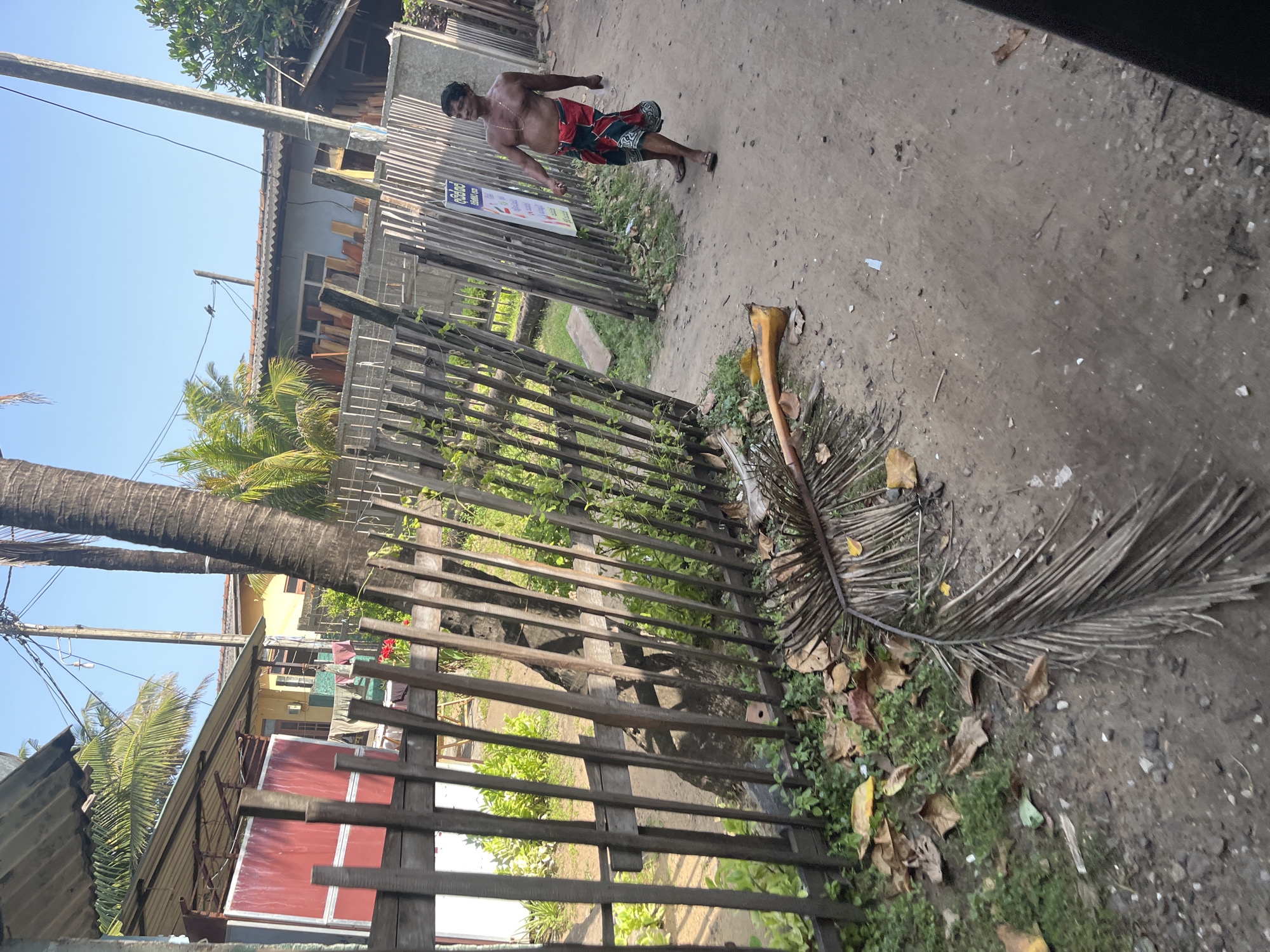 The image depicts a dusty, unpaved street scene in Moratuwa, Sri Lanka, adjacent to a low-lying residential area characterized by simple, weathered structures. A man, shirtless and wearing a red and green sarong, walks on the right side of the path. He appears to be of middle age, with dark hair and a weathered complexion. A large, dry palm frond lies on the ground in the foreground, partially obstructing a rustic wooden fence. Beyond the fence, lush green vegetation is visible, hinting at a tropical environment. Several buildings with corrugated metal roofs and painted facades are visible in the background, suggesting a somewhat informal urban setting. The sky is a clear blue, indicating fair weather. The overall impression is one of a casually developed area in a warm climate, likely near a coastal region given the presence of palm trees.