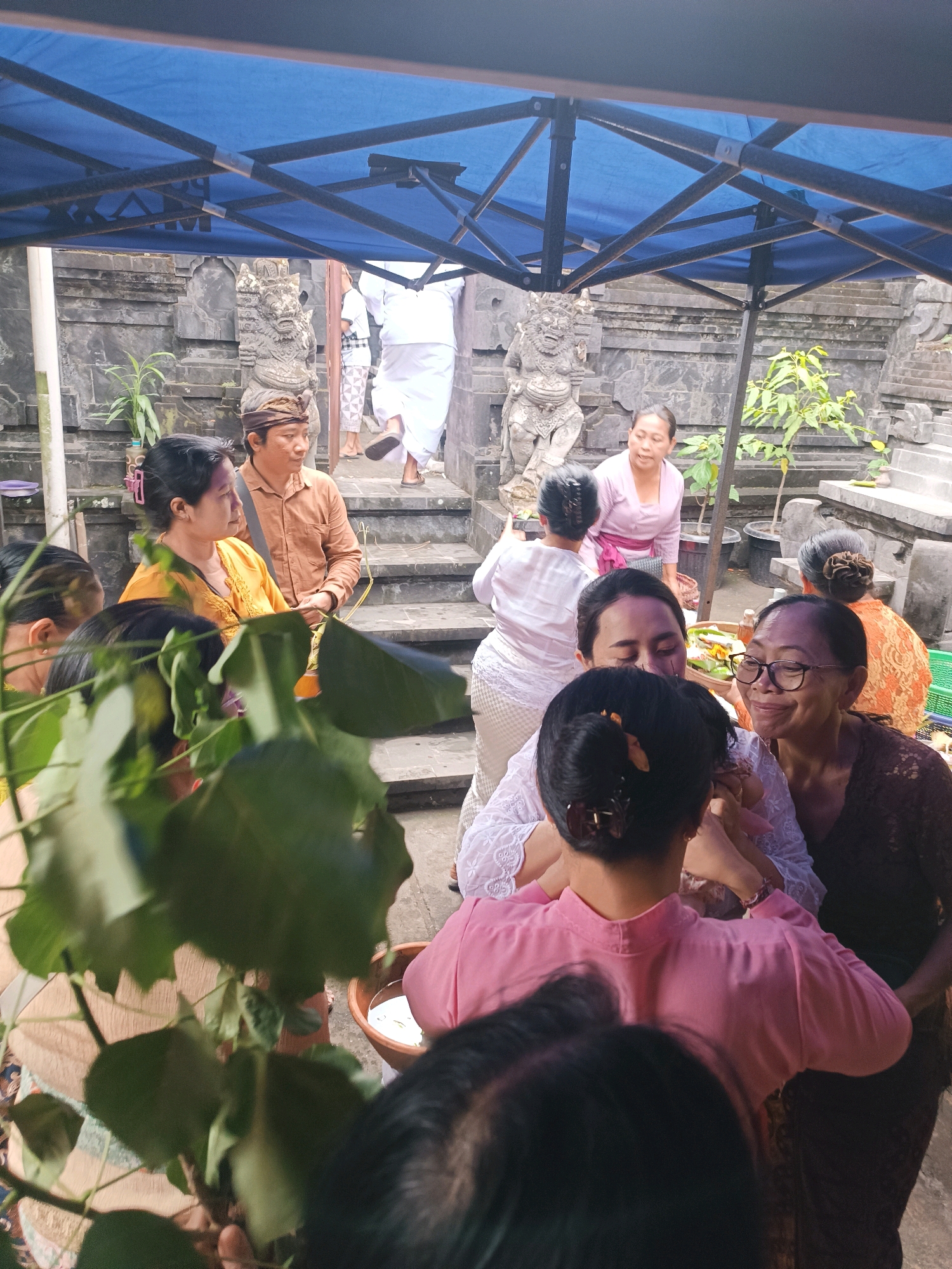 A group of people are gathered under a blue canopy in what appears to be a courtyard of a traditional Balinese temple in Tabanan, Indonesia. The architecture includes stone carvings and tiered stairs. Most individuals are wearing traditional Balinese attire, with women in sarongs and blouses, and men in shirts and headbands. The scene suggests a cultural or religious gathering, possibly a ceremony or a communal meal preparation. Some people are interacting closely, while others are observing. Plants are visible, adding to the natural and cultural setting. The lighting suggests it is daytime.