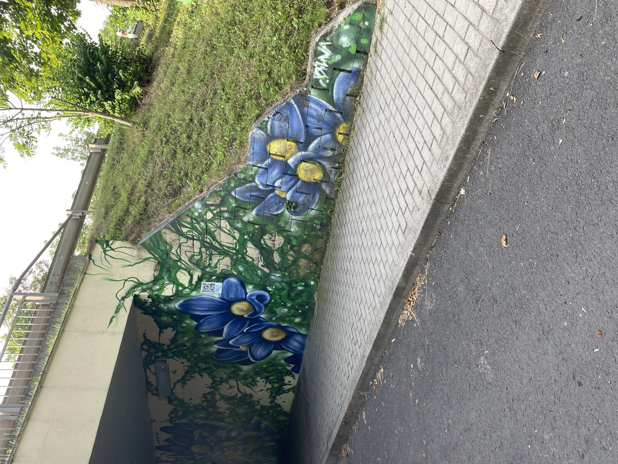 The image depicts a section of an underpass in Bílina, Czechia, with graffiti art on the wall. The artwork features large, blue flowers with yellow centers and green vines, painted on the concrete blocks of the underpass wall. The graffiti extends onto the sloping embankment beside the underpass, where grass and a small tree are visible. A paved walkway runs along the front of the underpass, adjacent to an asphalt road. The scene is illuminated by daylight, and no people are present.