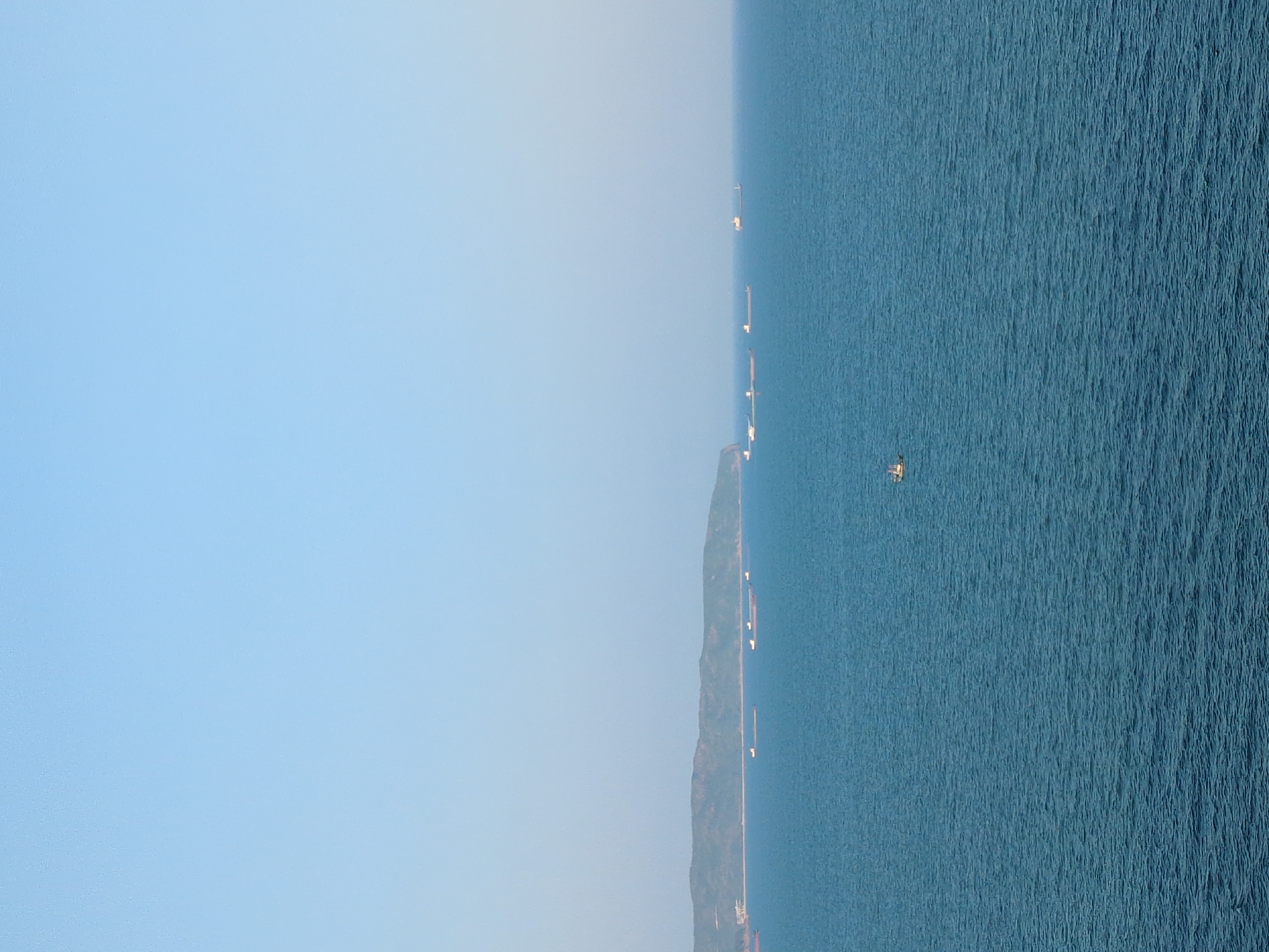 The image depicts a coastline near South Quy Nhon Ward, Vietnam. A strip of land runs vertically along the center of the frame, separating the light blue sky on the left from the dark blue ocean on the right. Several ships or boats are visible along the coastline and on the water. One distinctive boat is located in the lower right quadrant. The land is covered in vegetation and slopes downwards. The sky is uniformly blue, suggesting clear weather conditions. The ocean shows slight ripples on its surface, indicating a gentle breeze.