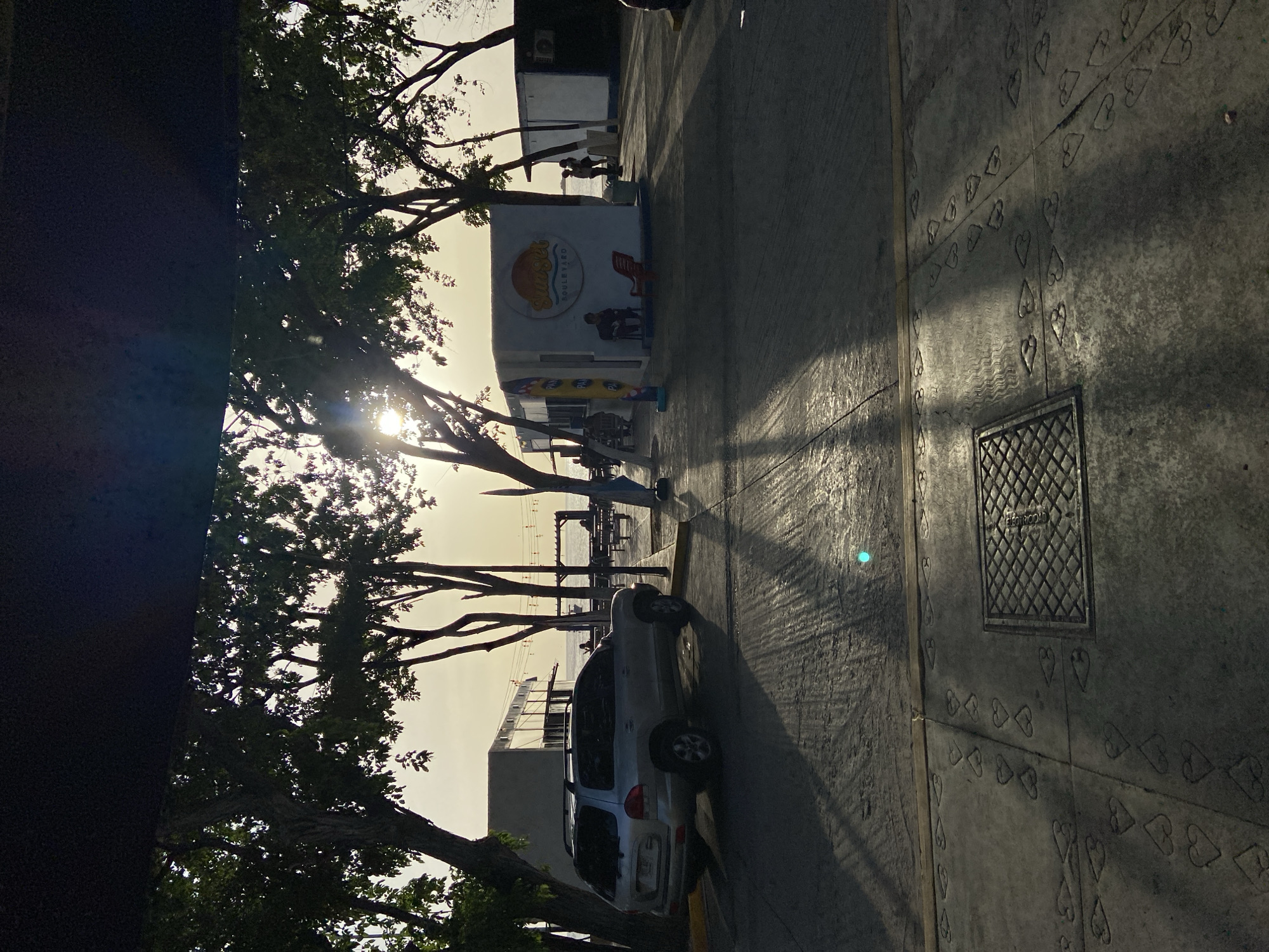 The image captures a scene in Juan Griego, Venezuela, bathed in the warm glow of late afternoon sunlight. In the foreground, a paved walkway is visible, featuring a manhole cover and a decorative pattern of etched hearts on the ground. A silver SUV is parked on the left, its shadow cast across the walkway. Behind the car, a row of trees with dense foliage lines the area, their branches creating dappled shadows.
Further back, a small, white building with a sign that reads "Sunset Boulevard" stands prominently. This structure appears to be a kiosk or shop, with a few people visible in and around it. One person sits on a red chair outside, while another two stand nearby. Beyond this building, other similar structures and a pergola can be seen, with tables and chairs arranged underneath, suggesting an outdoor dining or gathering area. The sea is visible in the background, with a calm expanse of water stretching towards the horizon. The overall atmosphere is tranquil, with the setting sun casting long shadows and illuminating the scene with a soft, golden light.
