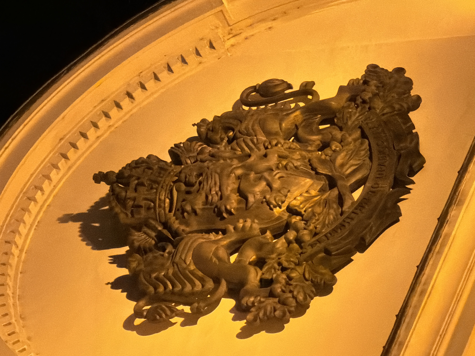 The image shows a close-up, low-angle, night shot of a detailed, dark bronze or brass coat of arms mounted on a light-colored, curved wall, illuminated by bright yellow artificial light. The coat of arms features two lion-like creatures on either side supporting a central shield and crown. The shield appears to have intricate carvings, and a motto is visible below it, though the text is illegible. The overall impression is one of grandeur and history. This coat of arms is located on the facade of the Bulgarian National Bank in Sofia, Bulgaria.