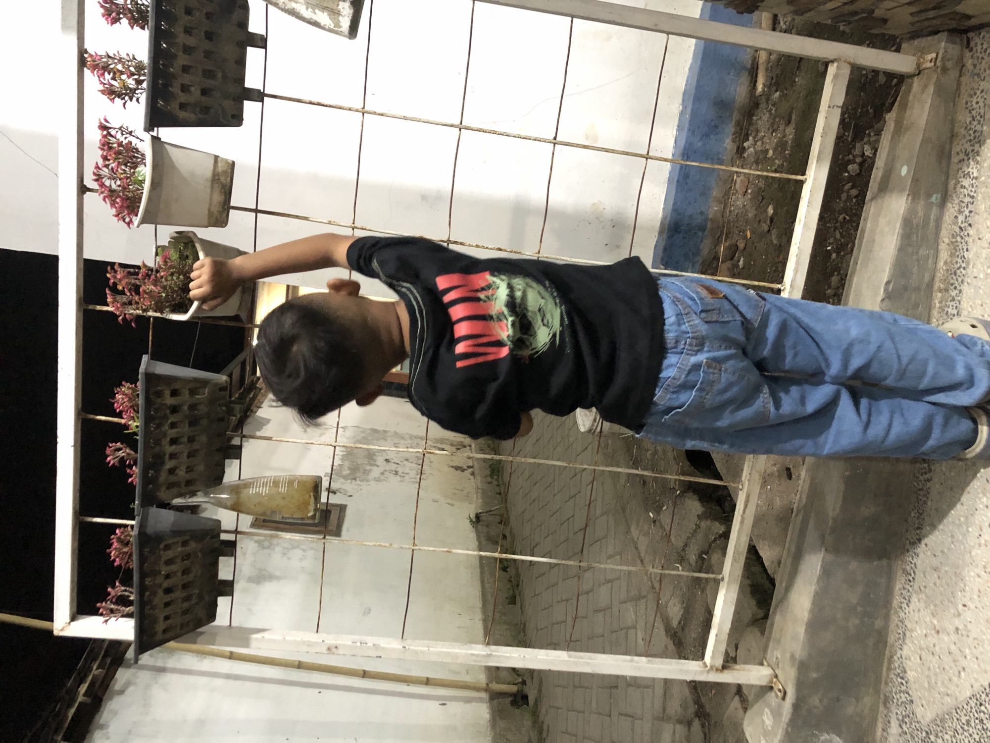 A young boy, viewed from behind and from the waist up, stands in front of a white metal fence. He is wearing a black t-shirt with the word "WIN" in red lettering across the back and blue jeans. His right hand is raised, reaching towards a planter filled with pink flowers. The planter is attached to a white structure above the fence. Behind the boy and the fence, there is a white wall with some texture and discoloration. To the left of the boy and fence, a bamboo pole is visible. The ground in front of the fence appears to be paved with interlocking stones. The overall scene suggests an outdoor setting, possibly a residential area or a public space in Tenggilis Rejo, Indonesia, at night, as indicated by the dark sky in the upper portion of the image.