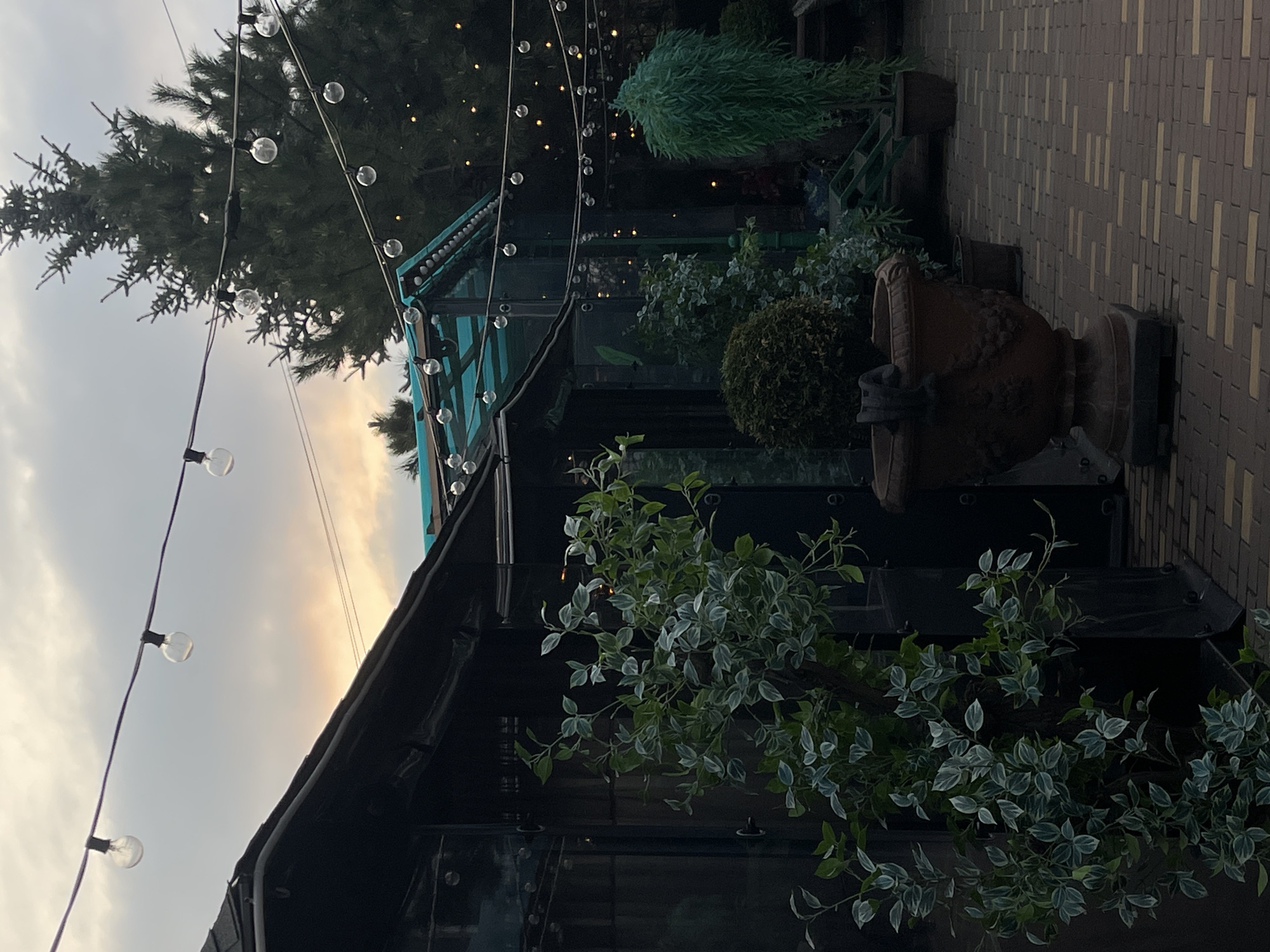 The image depicts an outdoor patio setting, possibly in or near Mil'kovo, Russia. The scene includes a dark, possibly black, building or structure with a turquoise-colored awning. String lights with round bulbs are strung overhead. Several potted plants and shrubs are present, including a large urn-shaped planter. The ground is paved with rectangular pavers. The sky is visible in the background, with hues of gray and orange suggesting either sunrise or sunset.