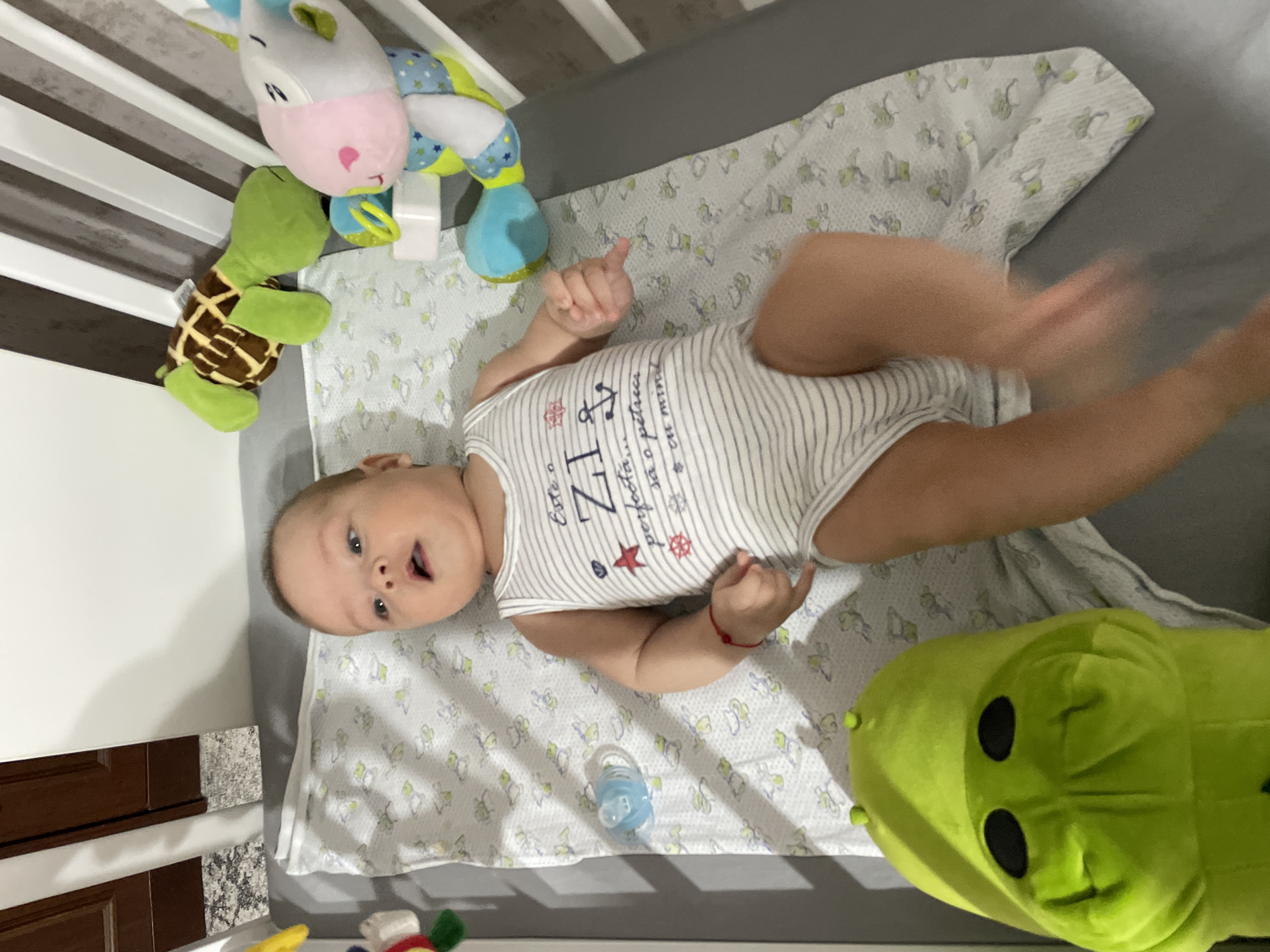 A baby lies in a crib with a striped onesie and a blue pacifier nearby. The crib also contains several plush toys, including a green hippopotamus, a brown and green turtle, and a pink and blue unicorn. The background shows a closet door and the white bars of the crib. The scene appears to be in a home in the city of Fălești, Moldova.