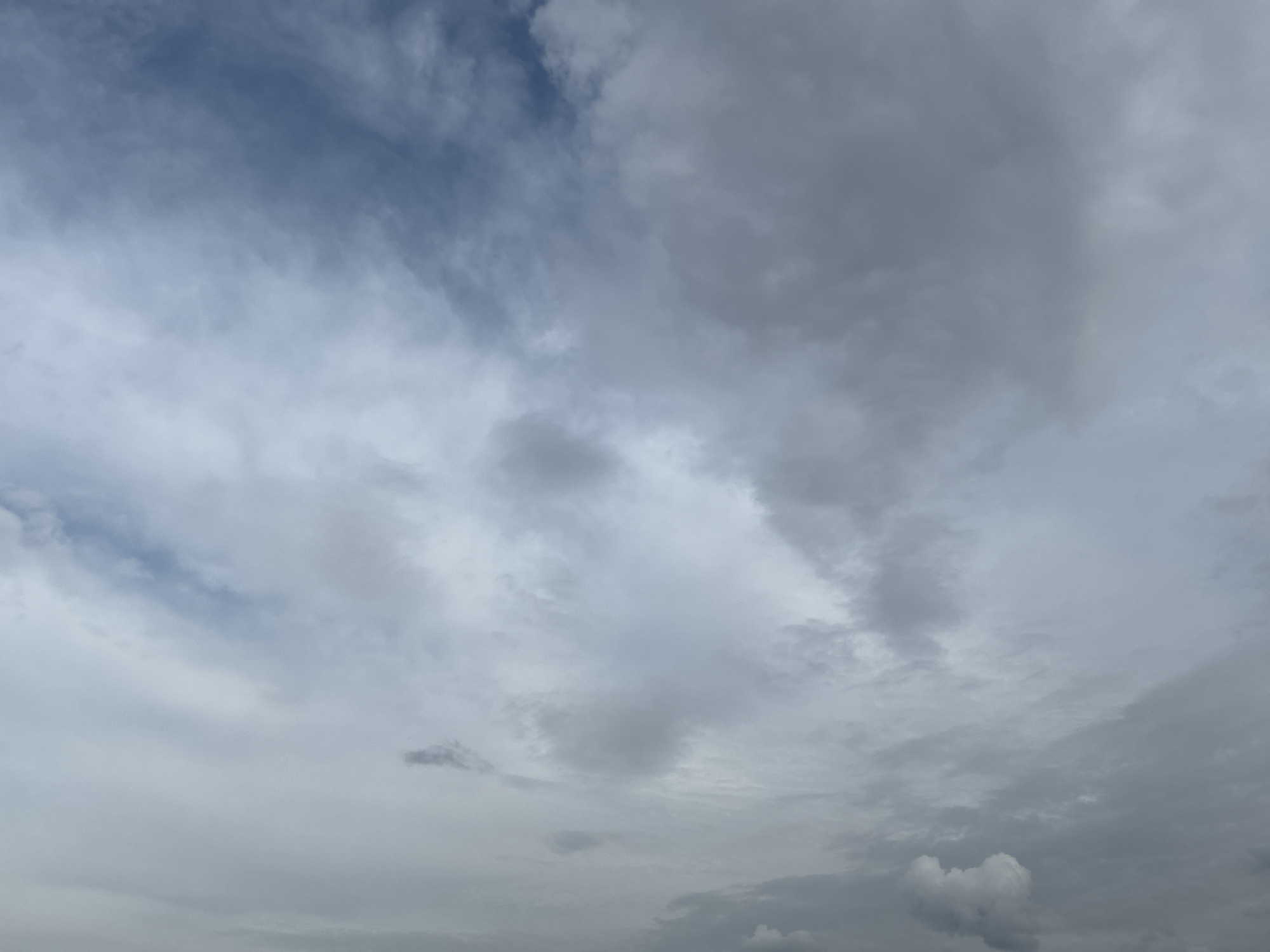 The image captures an expansive view of an overcast sky, dominated by various cloud formations. The primary subjects are the sky and the clouds that largely obscure the sun.
The sky is filled with a mixture of grey and white clouds, ranging in density and texture. In the upper left and central-upper areas, patches of faint blue sky are visible through thinner, wispy clouds, suggesting areas of less dense cloud cover or higher cloud layers. The majority of the clouds are a mid-tone to dark grey, indicating substantial cloud cover. Some clouds appear soft and diffuse, blending into broader layers, while others have more defined, lumpy shapes, characteristic of cumulus or stratocumulus formations. Near the bottom right, a denser, more distinct white cloud formation is visible.
There is no specific activity or event taking place; the image is a static portrayal of the sky. The notable details include the weather condition, which appears heavily overcast or partly cloudy. The muted lighting and grey tones suggest it could be daytime under heavy cloud cover, or perhaps nearing evening. No direct sunlight is visible. There are no people, objects, or location cues within the image itself to confirm the provided context of Sofia, Bulgaria. No visible text is present in the media file. The overall impression is one of a calm, perhaps slightly moody or subdued atmosphere due to the prevailing cloud cover.