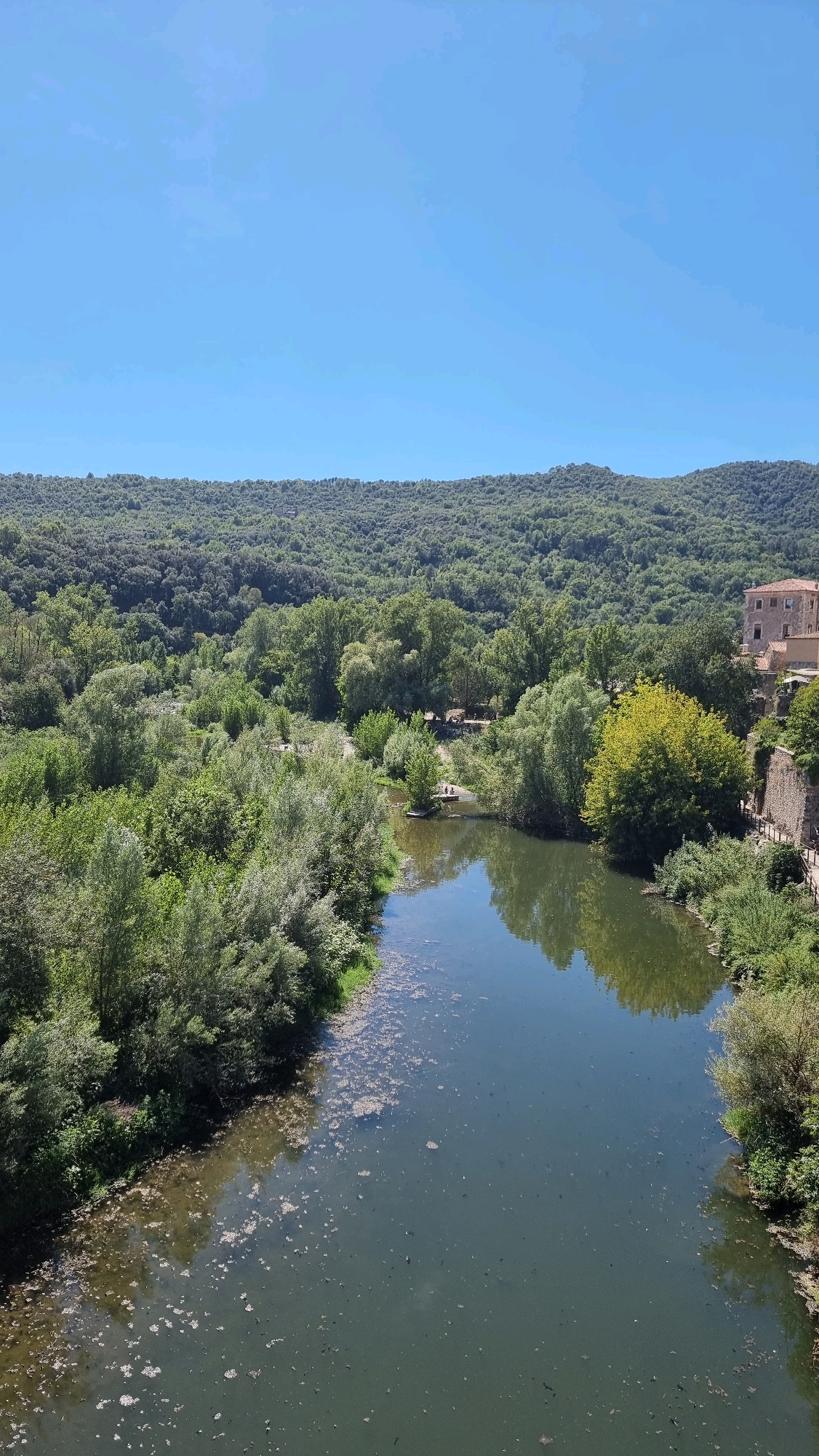 The image captures a picturesque view of the Fluvia River in Besalú, Spain. The river flows through a verdant landscape, with lush green trees lining its banks and a dense forest covering the hills in the background. The sky is a clear, brilliant blue. On the right bank, a stone wall with a walkway runs alongside the river, leading to an old stone building with red-tiled roofs. There are small groups of people visible near the riverbank, some near a wooden jetty, suggesting a leisurely or tourist activity. The water itself has a dark, reflective surface, with some debris and floating organic matter near the left bank. The scene conveys a sense of natural beauty and historical charm.