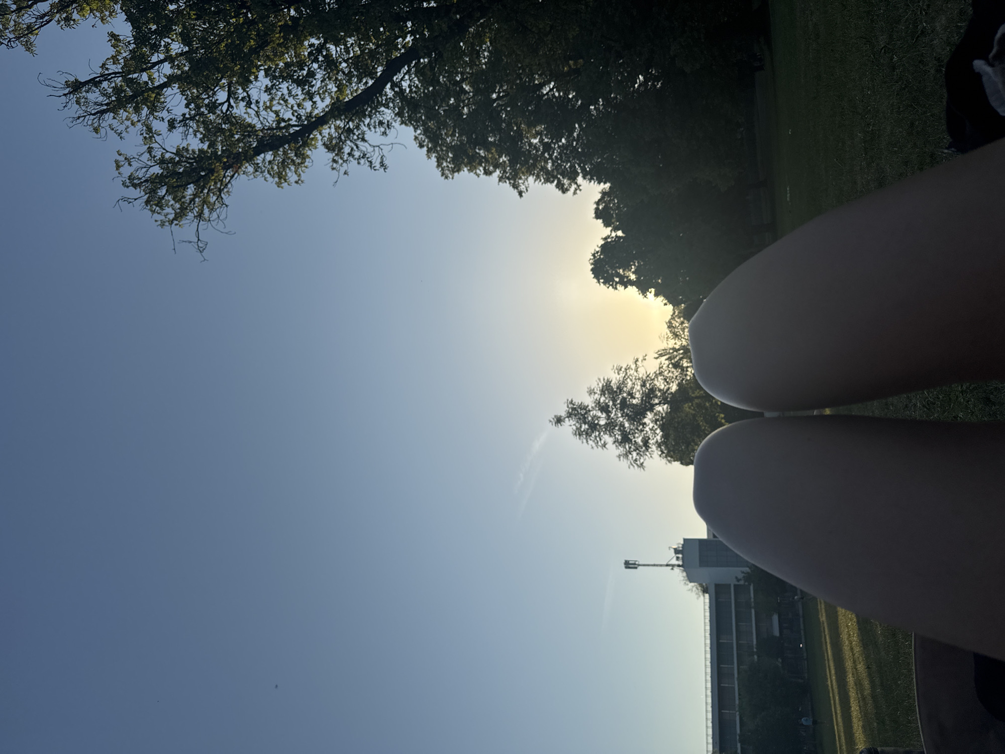 A low-angle shot shows a bright, blue sky with sunlight filtering through trees at the top of the frame. Two human thighs are prominent in the foreground, blurring slightly. Below the thighs, there is a glimpse of a grassy area and a multi-story building with a tower-like structure on top. The building is characteristic of the Munich area due to the style of architecture. The sun appears directly behind tree branches, creating a silhouette effect. A contrail stretches faintly across the sky, to the left of the building. The overall impression is of someone relaxing in a park or outdoor area.