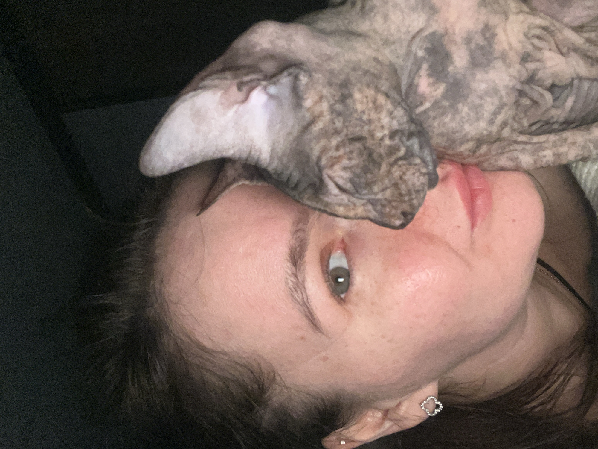 A woman is lying down with a hairless cat resting its head on her forehead. The cat has mottled grey and tan skin. The woman has fair skin, light brown hair, and green eyes. She is wearing a silver clover-shaped earring. The background is dark. There is no evidence to suggest the photo was taken in Kazan, Russia.