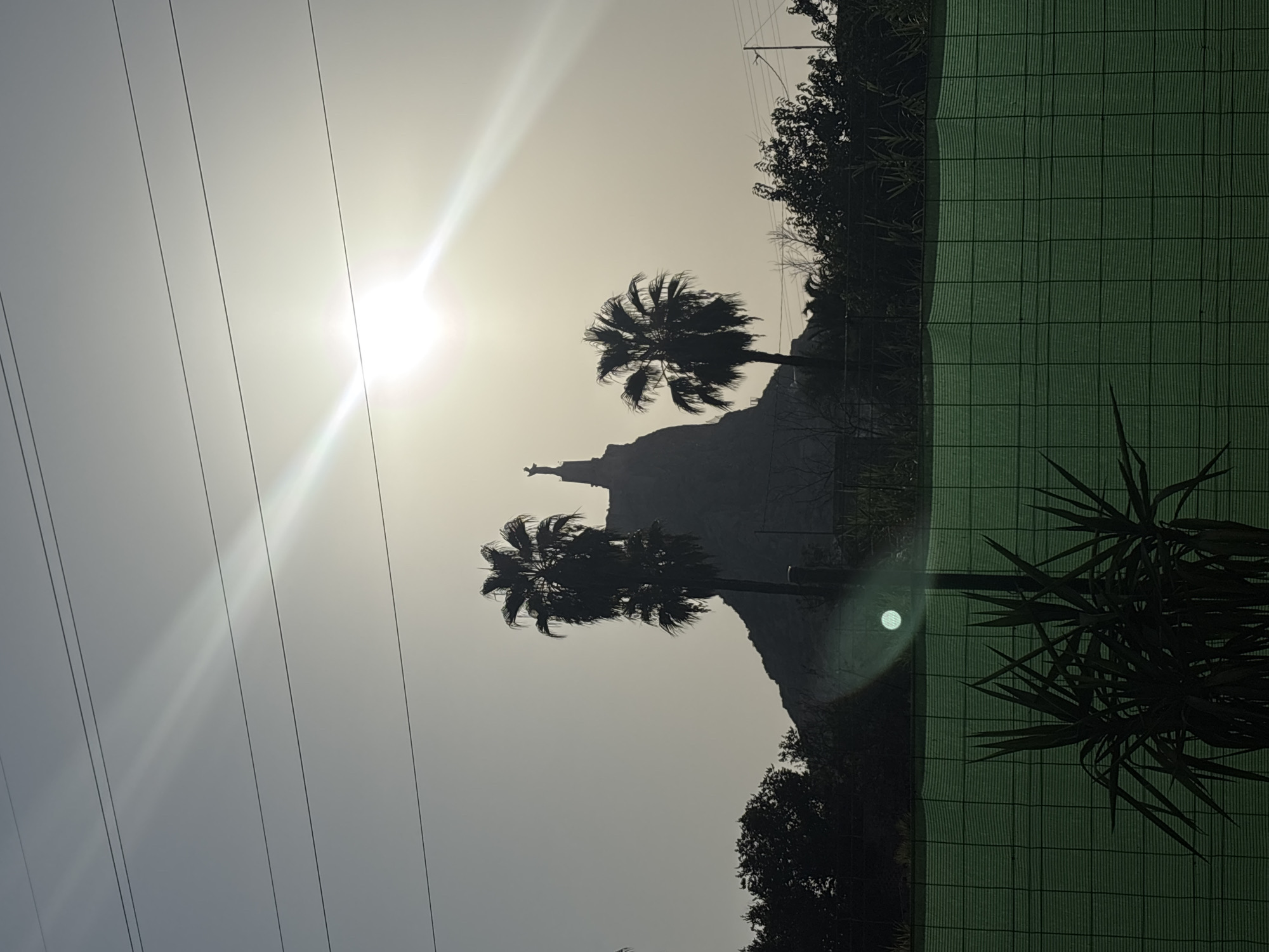 The image captures a silhouetted view of a statue atop a rocky hill, flanked by two palm trees, against a bright, hazy sky. The sun is partially obscured by the haze, creating a strong lens flare and a bright glow. Multiple power lines crisscross the sky above the scene. In the foreground, a dark green fence with a grid pattern is visible, with some dark green foliage, possibly a yucca plant, in front of it. The overall scene suggests an outdoor setting, likely in a warm climate, possibly during the late afternoon or early morning due to the low angle of the sun and the hazy light. The statue atop the hill appears to be a religious figure, possibly a cross or a statue of Jesus Christ, given its common placement on prominent hills in Spain. This specific location is identified as Cabezo De Torres, Spain, a municipality in the autonomous community of the Region of Murcia. The silhouette of the statue, the palm trees, and the hilltop are characteristic of religious monuments often found in Spanish towns.