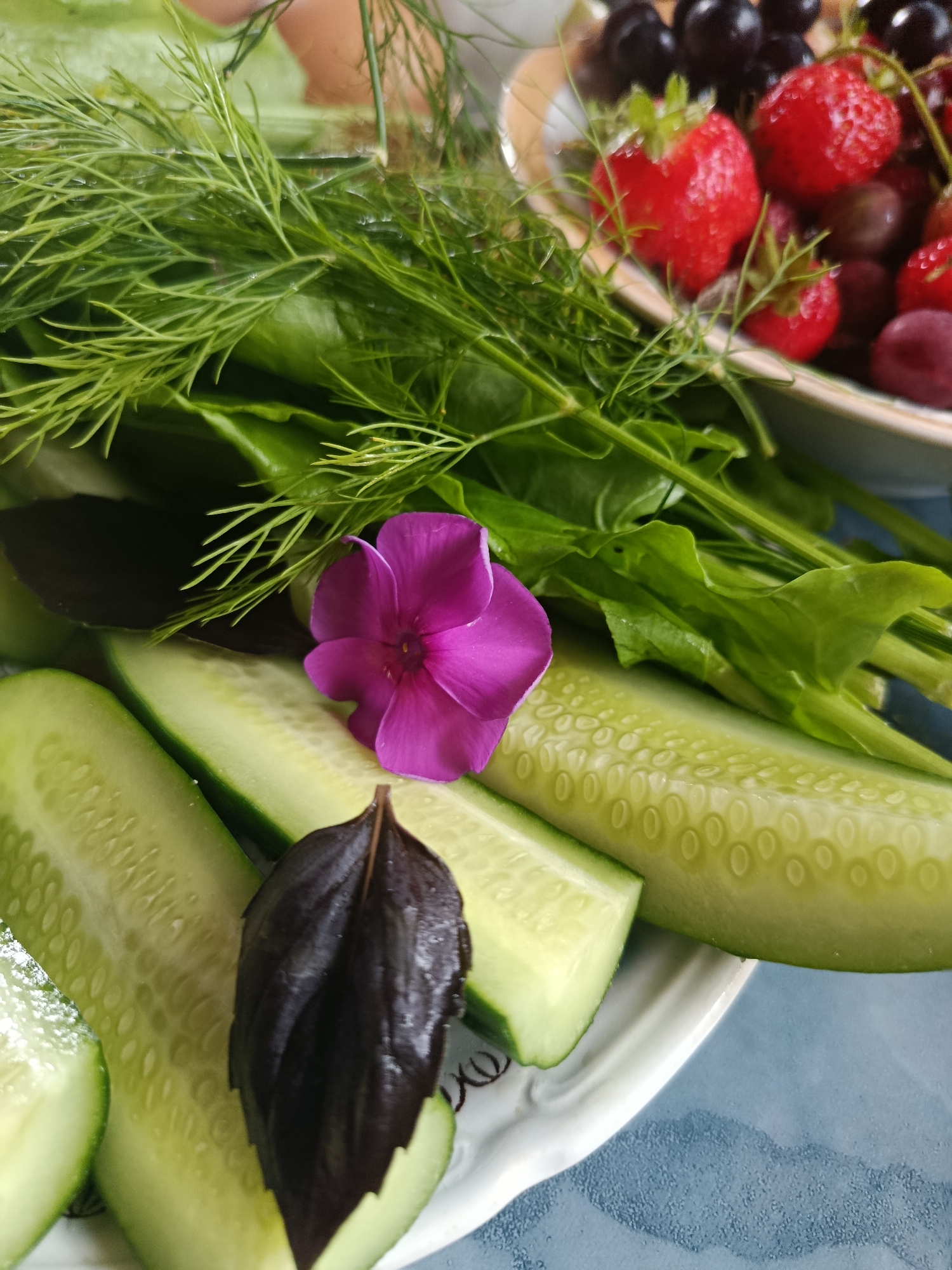 The image shows a close-up of a plate of sliced cucumbers, garnished with fresh dill, a purple flower, and dark basil leaves. In the background, a bowl of strawberries and grapes is visible. The setting appears to be a domestic environment, possibly a kitchen or dining area, with a blue textured surface beneath the plate. There are no people or any identifiable city or location details. The lighting is natural, suggesting daylight.