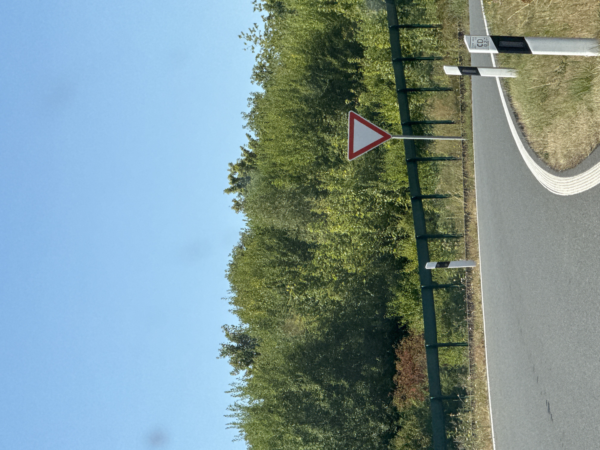 The image depicts a roadside scene in or near Bad Sachsa, Germany. A grey asphalt road curves to the right, bordered by a white curb and grassy embankment. In the background, a dense line of green trees forms a natural barrier. A dark green metal fence runs horizontally across the mid-ground, separating the road from the trees. Two white and black striped bollards are visible along the road's edge. One bollard has a small white sign with black text and numbers, reading "CD 0.2". A red and white triangular yield sign is prominently displayed on a pole to the left of the road. The sky above is clear and blue.