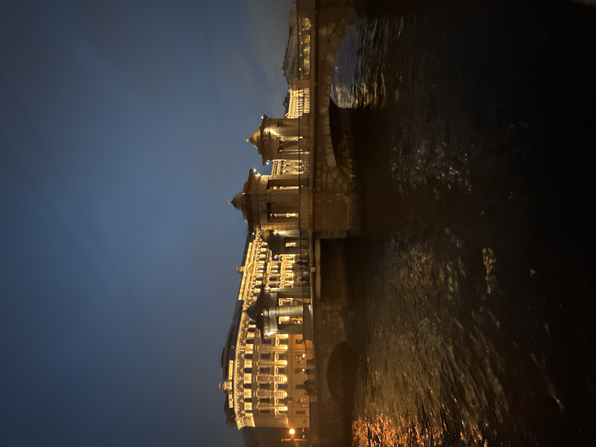 At night, the Hermitage Bridge in St. Petersburg, Russia, is depicted from a low angle. The bridge's architecture, including its arched structure and ornate decorations, is illuminated by streetlights. To the right of the bridge, dark water reflects the bridge’s lights. The sky appears dark, with slight ambient light. The image appears to be shot at eye level, close to the water surface.
