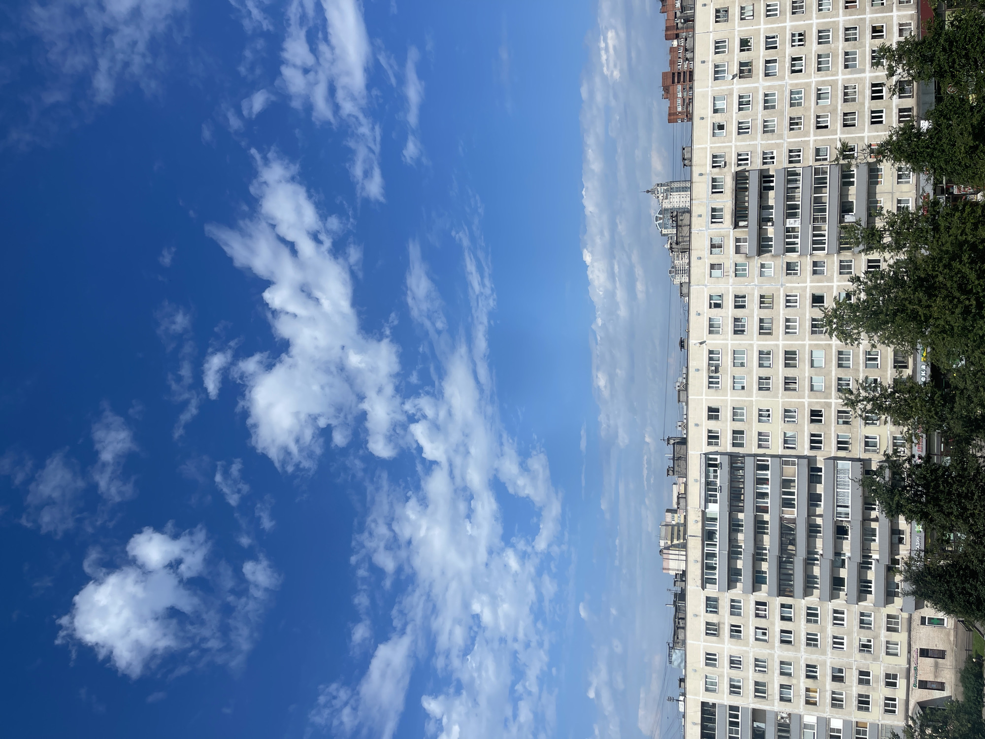 The image shows a wide shot of a large apartment building in Saint Petersburg, Russia, under a bright blue sky with scattered white clouds. The building is a typical Soviet-era residential block, featuring multiple stories, numerous windows, and balconies. The facade appears to be made of light-colored concrete or plaster. In front of the building, there are several tall, dark green trees, partially obscuring the lower floors. In the distance, the outlines of other buildings, including some taller, more modern structures, can be seen against the horizon. The overall scene suggests an urban environment on a clear day.