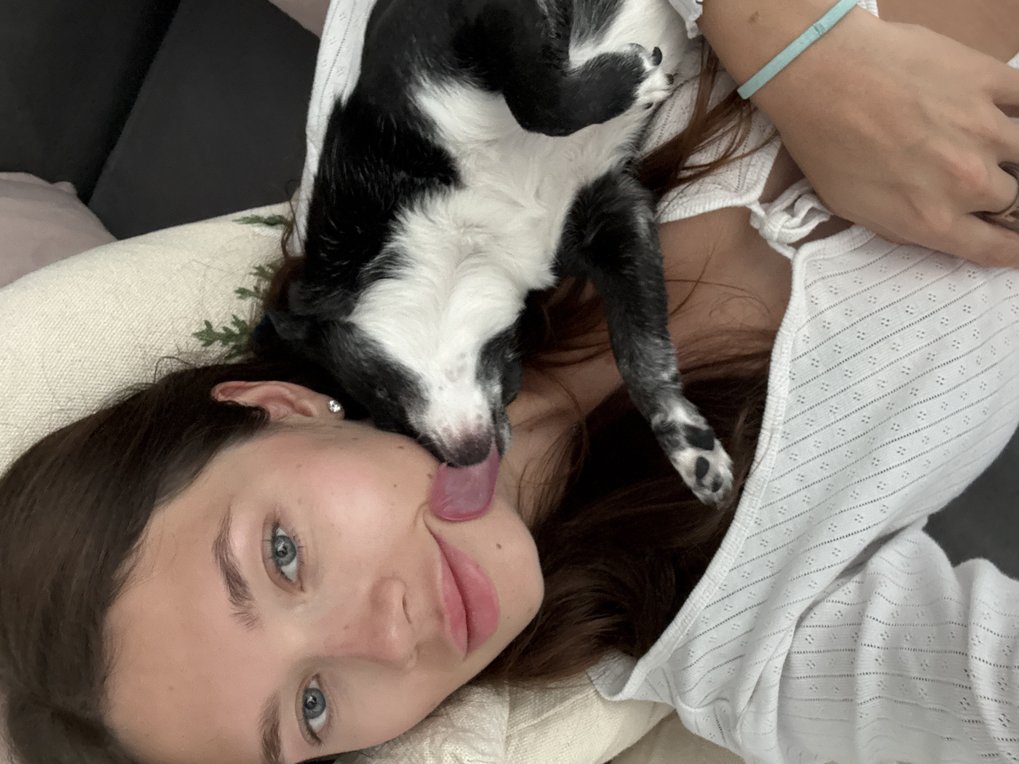 A woman with light skin, blue eyes, and dark brown hair is lying down with a small black and white dog on her chest. The dog is licking her face. She is wearing a white top and a light blue bracelet is visible on her wrist. She is lying on a patterned pillow, which is on a dark grey sofa. The location is Unknown, Unknown.
