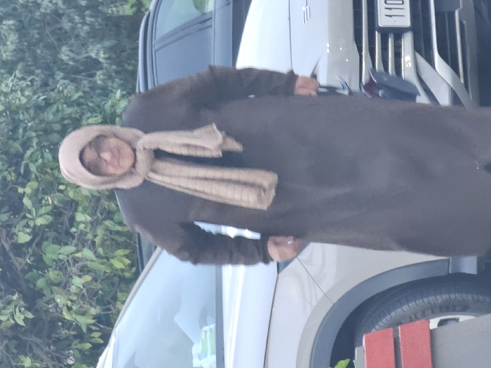 The image depicts an outdoor scene featuring a person standing next to a light-colored vehicle. The person, positioned centrally in the frame, is wearing a long, dark-colored garment, possibly a thawb or djellaba, and a light beige or cream-colored head covering that is wrapped around their head and neck. Their face is partially visible, showing a mature individual.
To the left and slightly behind the person, there is abundant green foliage, suggesting the presence of trees or bushes in the background. To the right of the person, a light-colored car, possibly silver or white, is visible. Part of the car's front grille and a license plate are in view, with the numbers "110" clearly discernible on the plate. A small, dark blue or black object, possibly a cap or a device, rests on what appears to be the car's dashboard or hood, visible through the windshield area. Further to the bottom right of the image, the car's wheel well and a tire are visible, along with two distinct red, rectangular objects, which could be part of a barrier, curb, or structure.
The lighting suggests it is daytime, with no harsh shadows, indicating either an overcast sky or possibly early morning/late afternoon light. No specific activity is clearly depicted other than the person standing beside the vehicle.