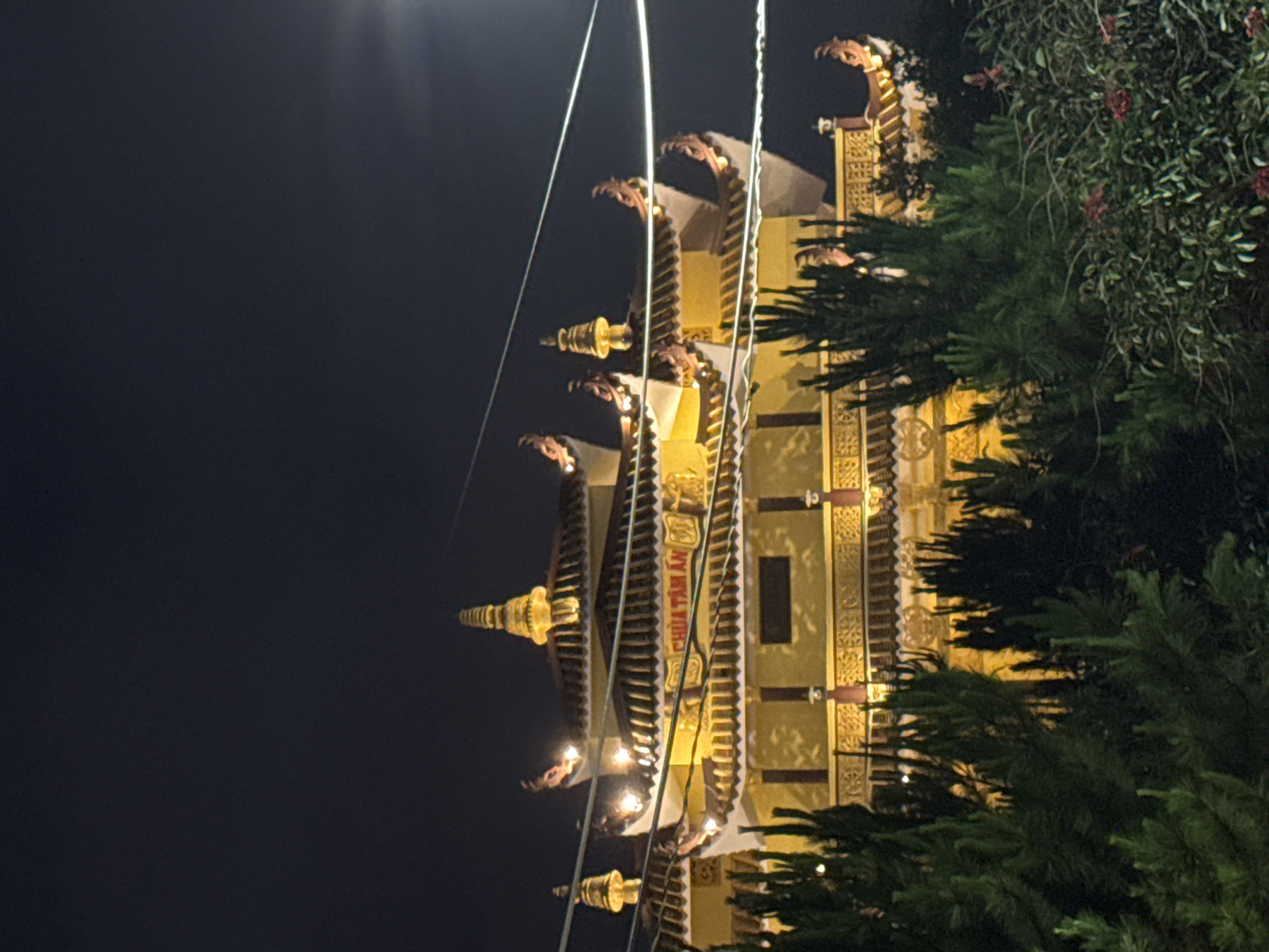 A low-angle, vertically-oriented, night-time photograph depicts a multistory pagoda building of “Chua Tam An” in Da Lat, Vietnam, viewed from the side. The pagoda features a distinctive yellow-beige color scheme. The building has a unique architectural style with ornate carvings and decorative elements. Several rows of intricately designed roofs, adorned with symbolic figures, layer the structure. Trees are situated on the right side of the frame, with their dark green foliage contrasting against the light building. Above, the sky is a dark navy. Overhead electrical wires are present, with beams of light shining down from above.