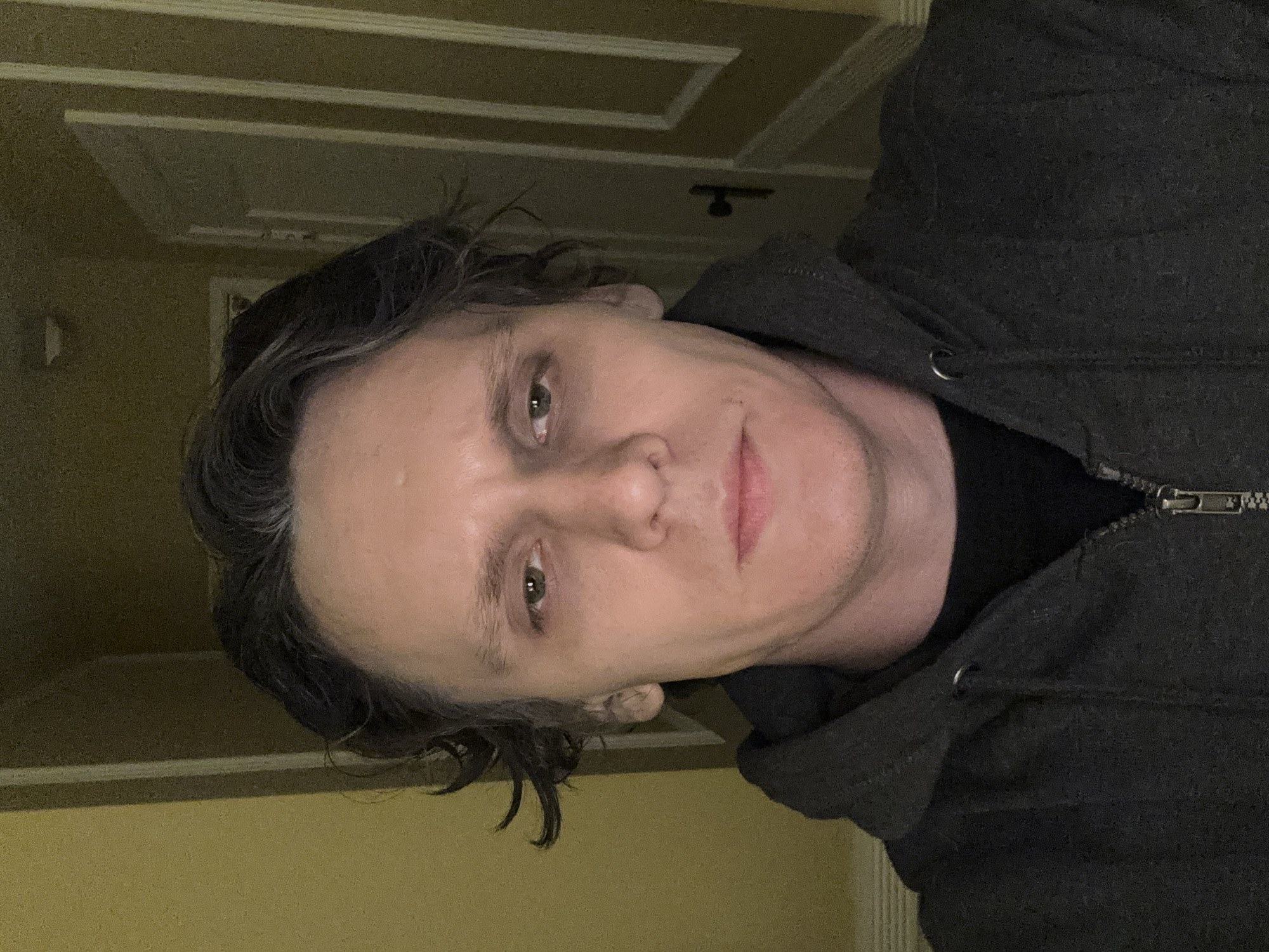 A man with dark, messy hair and fair skin is pictured in a selfie, looking directly at the camera. He is wearing a dark gray hooded sweatshirt zipped up over a black t-shirt. The background appears to be an indoor hallway with yellow walls and white trim around a closed door. The lighting is dim. The location is not San Francisco, United States of America.
