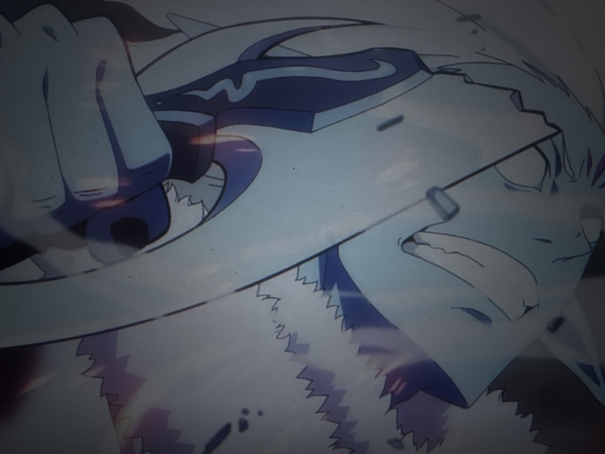 An anime-style illustration featuring a person wielding a weapon. The person has white hair, sharp teeth, and an intense expression. They are gripping a large, curved weapon with a serrated edge and a distinct handle design. The background is blurred and indistinct.