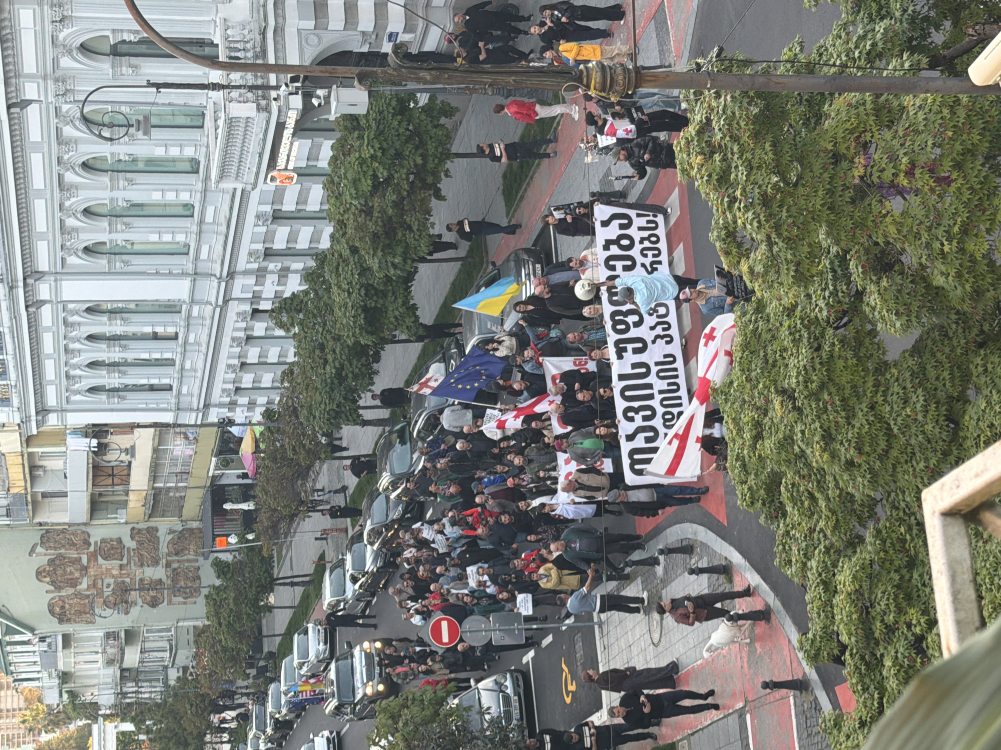 A protest is taking place on a street in Batumi, Georgia. A crowd of people is gathered on the road, holding flags of Georgia and Ukraine, as well as banners with Georgian writing. Many are on the crosswalk between one side of the street and the other. There are cars parked on both sides of the street, including some vintage cars. In the foreground, there is a tall tree, and a building with architectural details and a mural on it is on the left side of the image. The architecture is European in style.