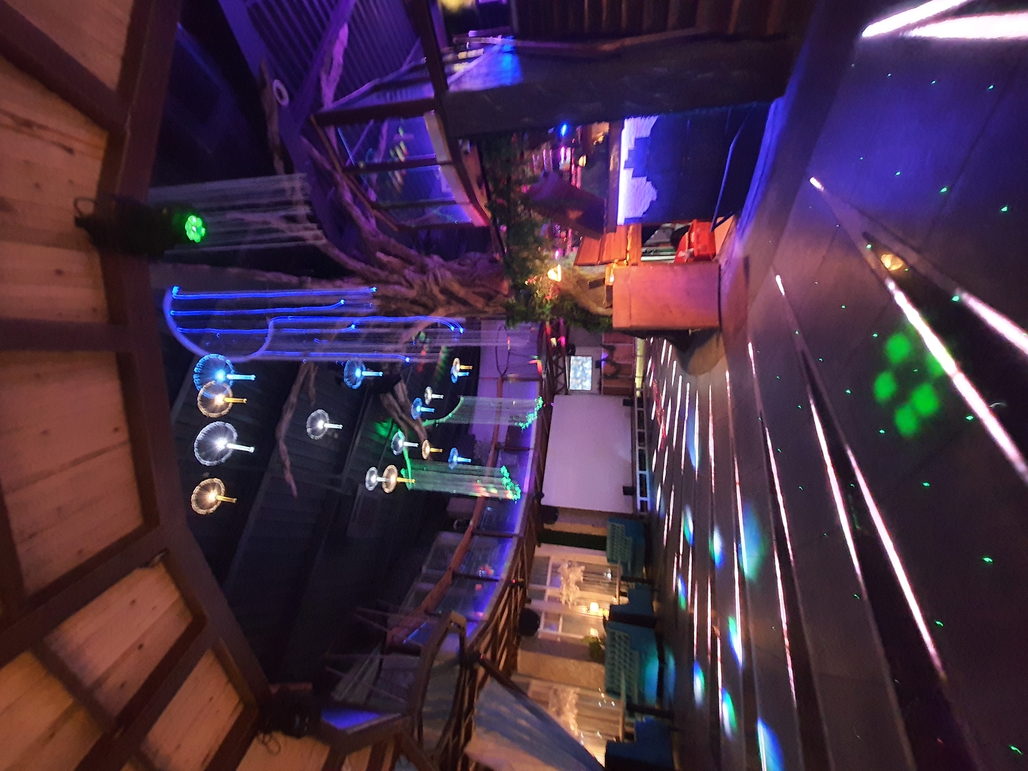 This media file captures an indoor, multi-level entertainment venue, likely a bar or themed restaurant, bathed in a vibrant array of artificial lights during the night. The scene features a blend of rustic and modern design elements.
The primary subjects are the architectural and decorative components. Exposed wooden beams and planks form significant parts of the structure, including ceilings, walls, and railings for the multi-tiered layout. A prominent, large, dark, gnarled tree-like structure, likely artificial, stands centrally, adorned with smaller, colorful string lights.
The venue is illuminated by diverse lighting fixtures. Blue neon-like strip lights create glowing lines, while spherical or mushroom-shaped lights, some emitting warm yellow and others cool white/blue, hang suspended. A green laser projector casts numerous bright green dots and streaking lines across dark surfaces, particularly on the right side of the image. Additionally, vertical white and pinkish light strips create a dynamic patterned effect on a wall. A distinct green spotlight or projector is visible on the left. On a lower level, parts of tables and distinctive blue chairs are visible, along with a large white screen or partition.
The image depicts the ambiance of an evening or nighttime event. The elaborate and colorful lighting, combined with the multi-level design and implied seating, suggests a social gathering, dining, or lively entertainment event. There are no people visible in the frame, and no discernible text appears on any surfaces. The overall mood is energetic and inviting, created by the interplay of light and shadow within the unique architectural setting.