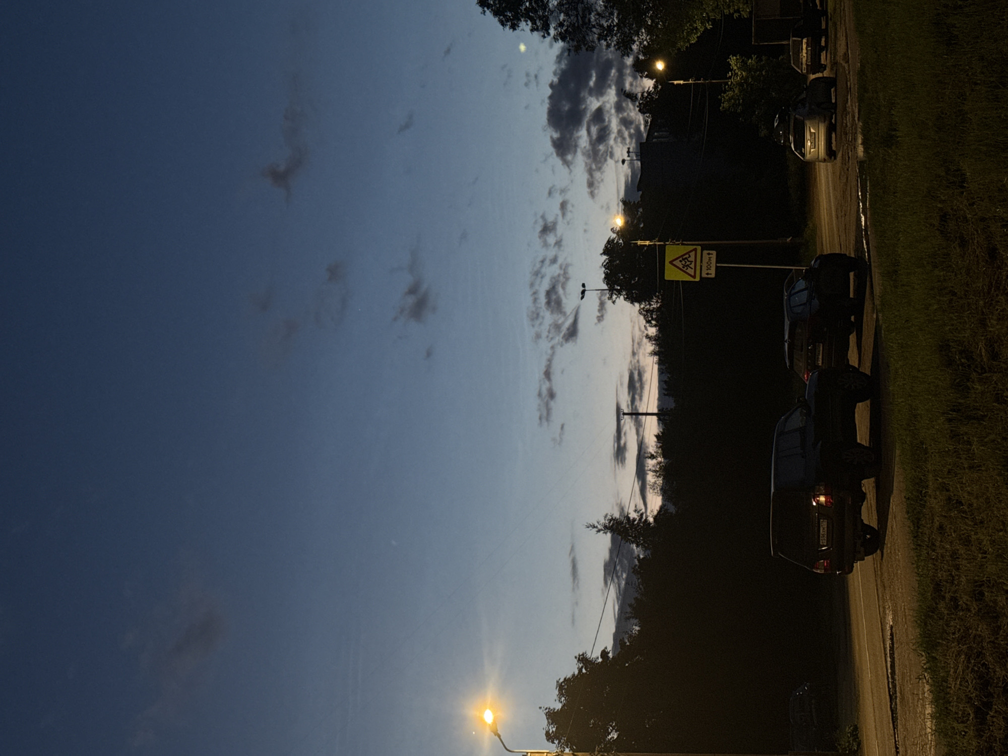 The image depicts a dusk scene on a road in Krasnoye Selo, Russia. A street lamp on the left illuminates the scene with a warm glow. Several vehicles are present: a dark SUV is parked on the right side of the road, facing away from the camera, with its brake lights illuminated. Another car, possibly a silver sedan, is parked further down the road, also facing away. A third vehicle, appearing to be a truck or van, is parked in the background on the right. A yellow traffic sign with a pictogram of children crossing is visible on the right side of the road, indicating a pedestrian crossing. Trees and foliage line the sides of the road, and the sky is a deep blue with scattered clouds. The overall atmosphere is quiet and slightly overcast, characteristic of a twilight evening.