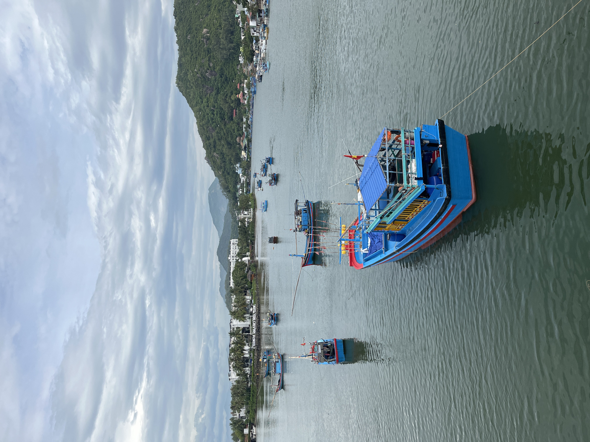The image depicts a serene harbor scene in Nha Trang, Vietnam, likely during daytime under a cloudy sky. A body of water, appearing to be a river or bay, dominates the foreground and midground, reflecting the overcast conditions. Numerous boats of various sizes are moored or gently drifting on the water.
In the foreground, a prominent blue and red boat with a covered deck and yellow railings is tied to a rope. Further back, several other fishing boats, mostly painted in blue and red hues, are visible. Some of these boats have long poles extending outwards, characteristic of fishing vessels.
The background reveals a coastal town with buildings and palm trees lining the shore. In the distance, lush green mountains rise, contributing to the picturesque landscape. The overall atmosphere is tranquil, with the boats suggesting a working harbor or a quiet resting place for the vessels.
