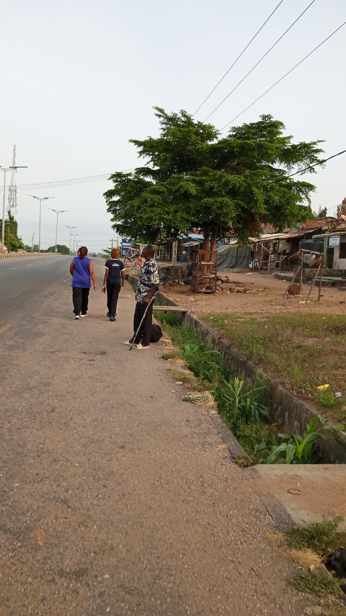 The image shows a street scene in Adankolo, Nigeria. Two people are walking away from the camera along the left side of the paved road. A third person, holding a cane, is standing on the side of the road next to a tree and facing away from the camera. The environment consists of a road, roadside vegetation, and a few buildings. Power lines run overhead.