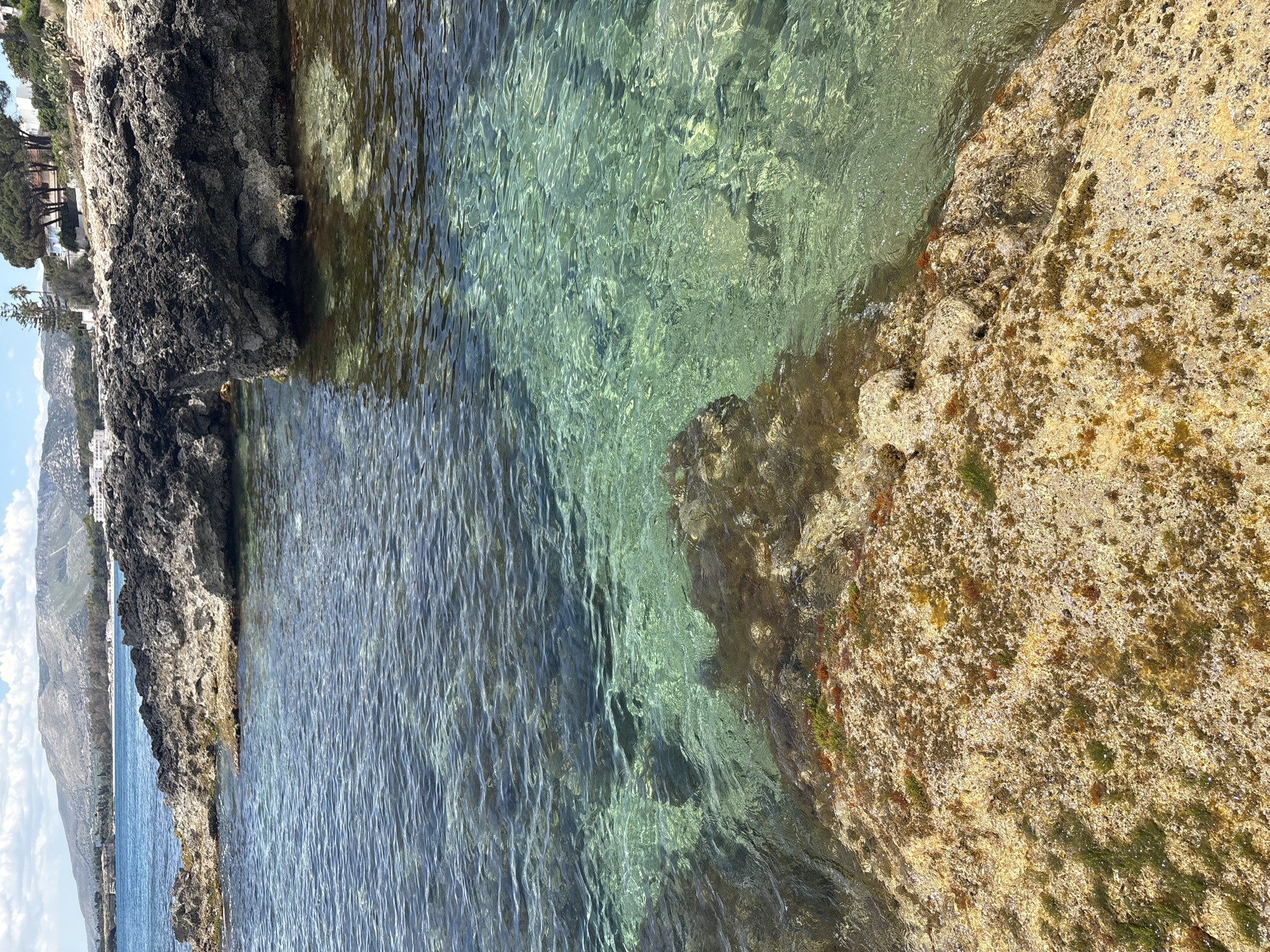 The image shows a coastal scene in Siracusa, Italy. Clear, turquoise water laps against rocky shorelines. The rocks on the left are dark and jagged, while those on the right are lighter and covered in moss and barnacles. In the distance, buildings are visible along the coast. The sky is bright.