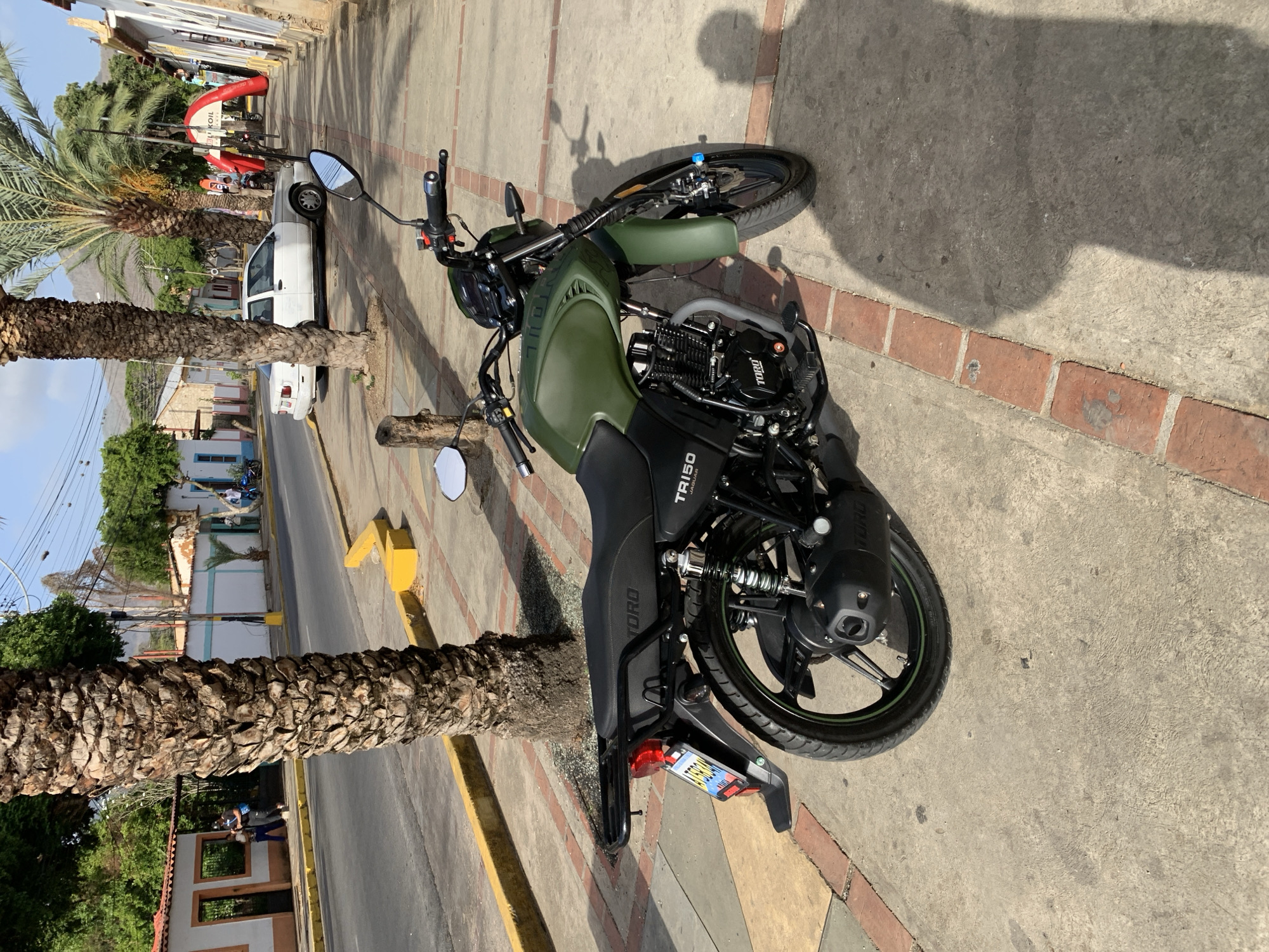 The image displays a sunlit street scene, likely in Tacarigua, Venezuela. A prominent green and black TORO TR150 motorcycle is parked on a brick and concrete sidewalk in the foreground, oriented towards the right. Visible text on the motorcycle includes "TORO" on its engine cover and "TR150" on its side panel. Its rear fender displays a license plate holder with partial text "VE50U".
Several large palm trees with rough, textured trunks line the sidewalk, casting distinct shadows. Beyond the motorcycle and trees, a white sedan is parked along the street. The road, bordered by a yellow concrete curb, recedes into the background.
In the mid-ground, various buildings with light-colored facades and some red-tiled roofs line the street. Further in the distance, a red inflatable arch, partially showing the text "LUKOIL," suggests a public event or promotional activity, with several indistinct figures of people nearby. The clear skies and strong, defined shadows indicate a bright, sunny day, likely midday or early afternoon. Overhead, power lines are visible against the blue sky. The overall scene portrays a typical street view in a tropical or subtropical urban environment.