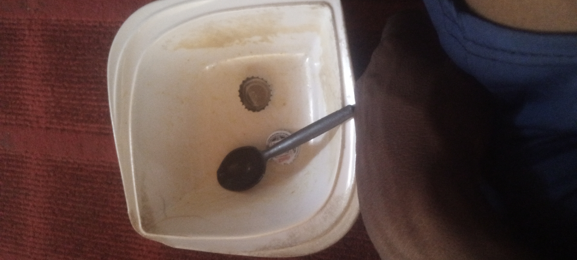 The image captures a close-up, overhead view of a small, off-white plastic basin, possibly a washbasin or bucket, resting on a reddish-brown textured surface, likely a rug or mat. The basin appears to have some light brown stains or residue on its interior surface, suggesting it has been used.
Inside the basin, a dark-colored spoon with a rounded bowl is prominently displayed, positioned towards the lower right. Adjacent to the spoon, slightly further up, a metallic bottle cap with a corrugated edge is also visible. Part of a person's dark-skinned arm and hand are visible on the right side of the image, close to the edge of the basin, hinting at human interaction with the items or the basin itself. Above the arm, a segment of blue fabric, consistent with clothing, is present.
The lighting is diffused, indicating either an indoor setting or a shaded outdoor area during the day. No explicit activity is clearly depicted, but the arrangement suggests preparation for washing or a recently completed task involving the items in the basin. No legible text is visible on any of the objects. The scene is situated in Sabon Tasha, Nigeria.