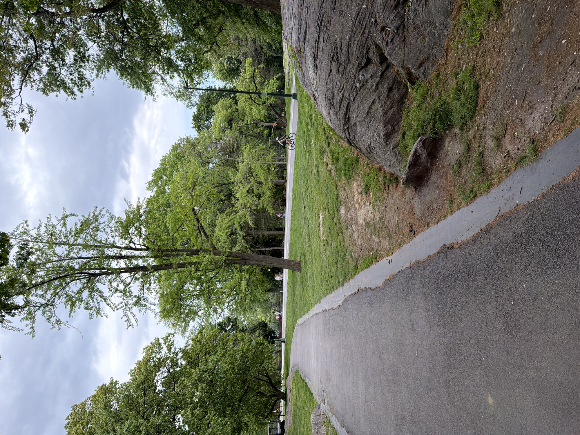 The image depicts a park scene in New York City. A paved path curves to the left. Beside the path is a grassy area with a large rock formation. Further into the park, a paved bike lane runs parallel to the walking path, where a person is riding a bicycle. Trees frame the sky.