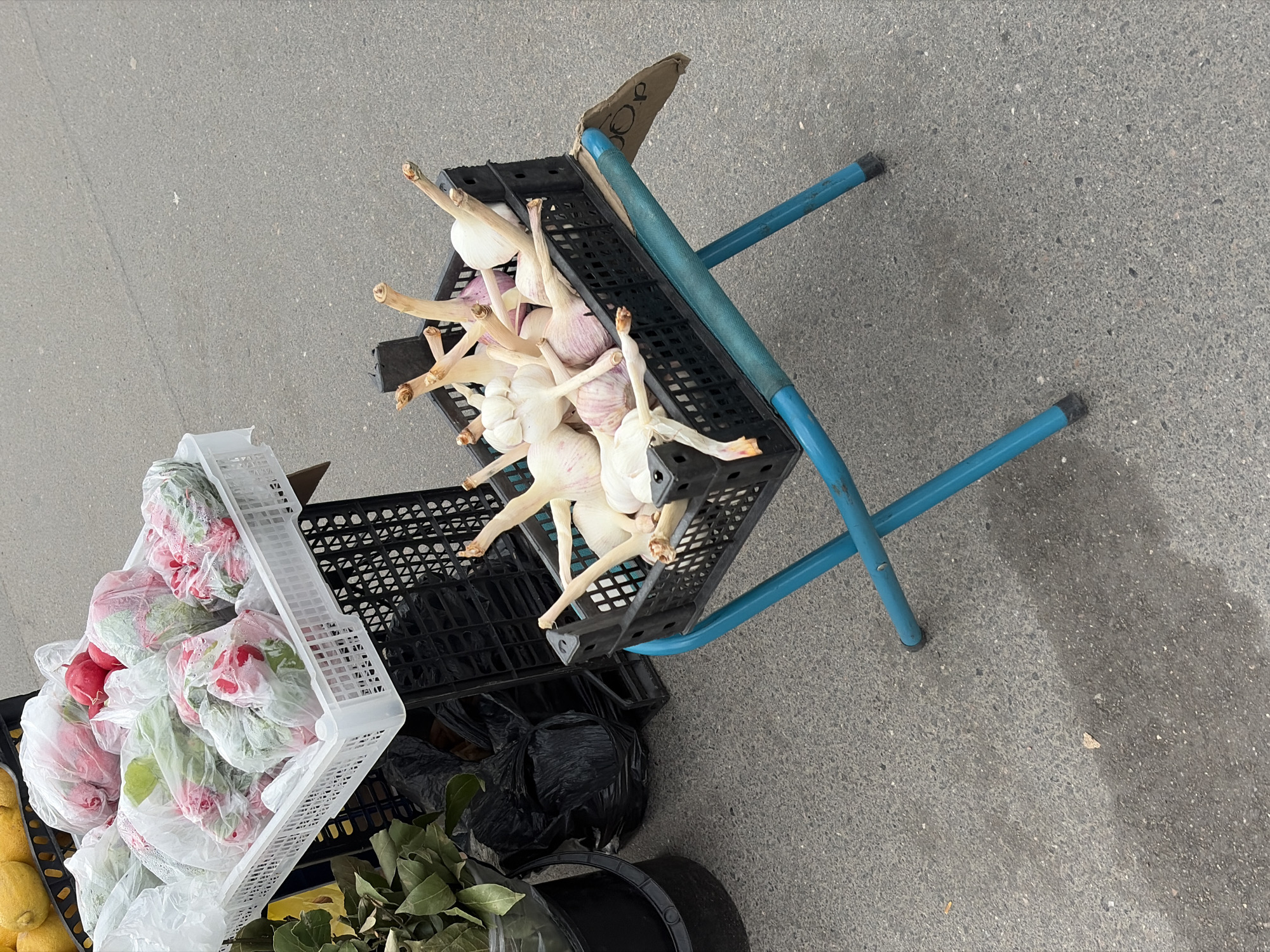 The image shows a collection of items, likely for sale, arranged on a gray concrete surface. A white plastic crate, filled with produce wrapped in plastic, including what appears to be red items possibly peppers, sits at the lower left. A black plastic crate contains heads of garlic. These garlic heads extend from the crate. The crates are stacked, supported by an overturned blue metal-framed folding chair. Black plastic bags are visible nearby, likely containing other goods or waste. The image was likely taken in a city, as indicated by the flat concrete surface, suggesting an outdoor market or vendor setup. Without a broader context or specific landmarks, pinpointing the location to Saint Petersburg, Russia is speculative.