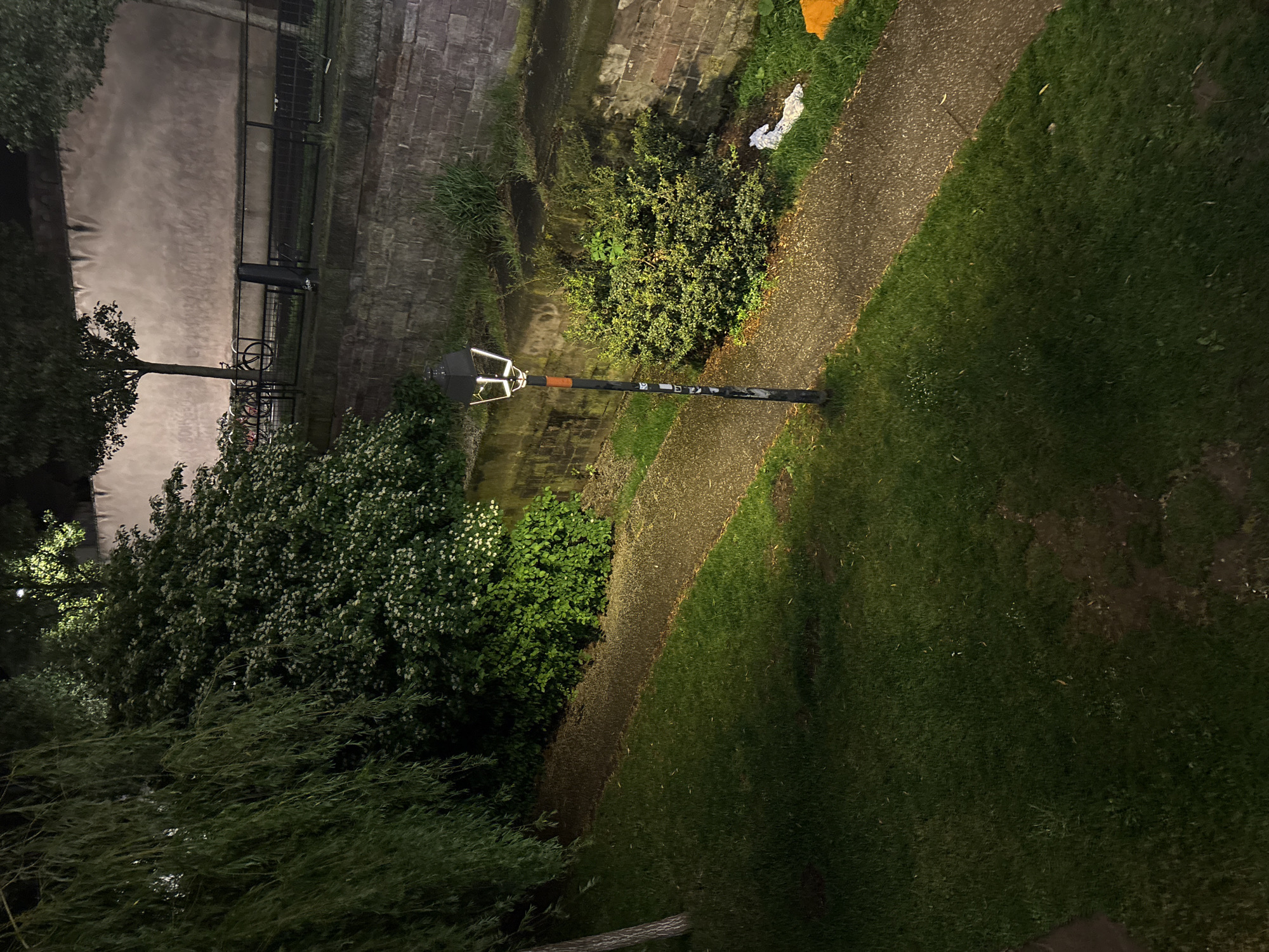 The image shows a park scene at night in Strasbourg, France. A paved walkway cuts diagonally across the frame, bordered on one side by a lush green lawn and on the other by dense shrubbery and trees. In the upper left, a brick wall and a body of water, possibly a canal or river, are visible behind a metal fence. A vintage-style lamppost stands prominently along the walkway, casting a faint glow. No people are visible in the scene.