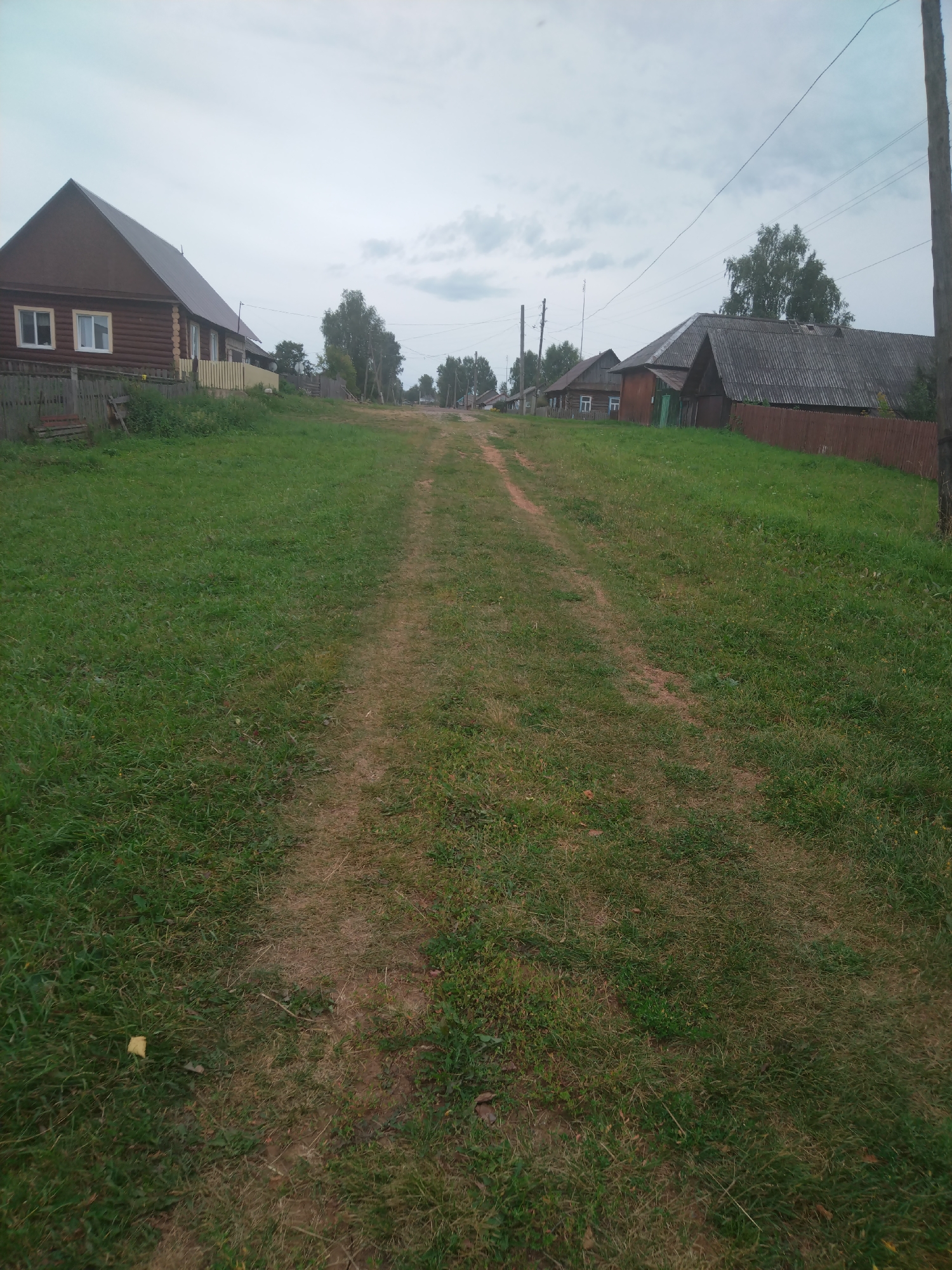 An outdoor, eye-level, medium shot captures a dirt road with grassy shoulders that extends into the distance. The road is flanked by several wooden houses, some with dark, sloped roofs and windows. Trees are visible behind the houses, and utility poles with wires stand on the right side of the road. The sky is overcast with clouds. The scene appears to be in a rural village.