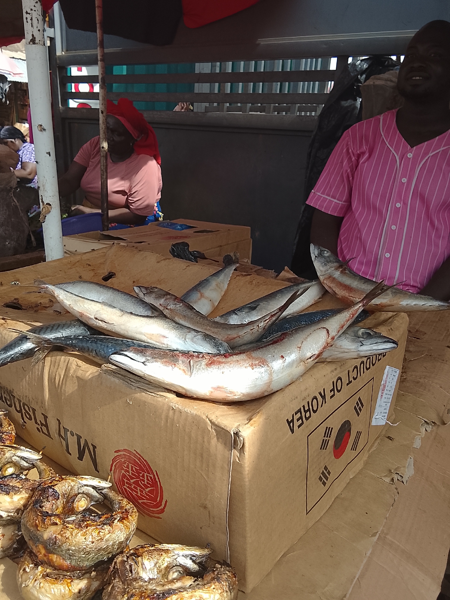 The image captures a scene at a fish market in Akwanga, Nigeria. Fresh mackerel, some with traces of blood, are piled on top of a cardboard box labeled "PRODUCT OF KOREA" and "M.H. Fisher". Dried, round fish are stacked on a lower surface next to the box. In the background, two women are visible: one wearing a pink shirt and a red head covering, and another wearing a floral dress. A man wearing a pink pinstripe baseball shirt stands behind the fresh fish. The setting is outdoors, likely under a corrugated metal canopy or awning.