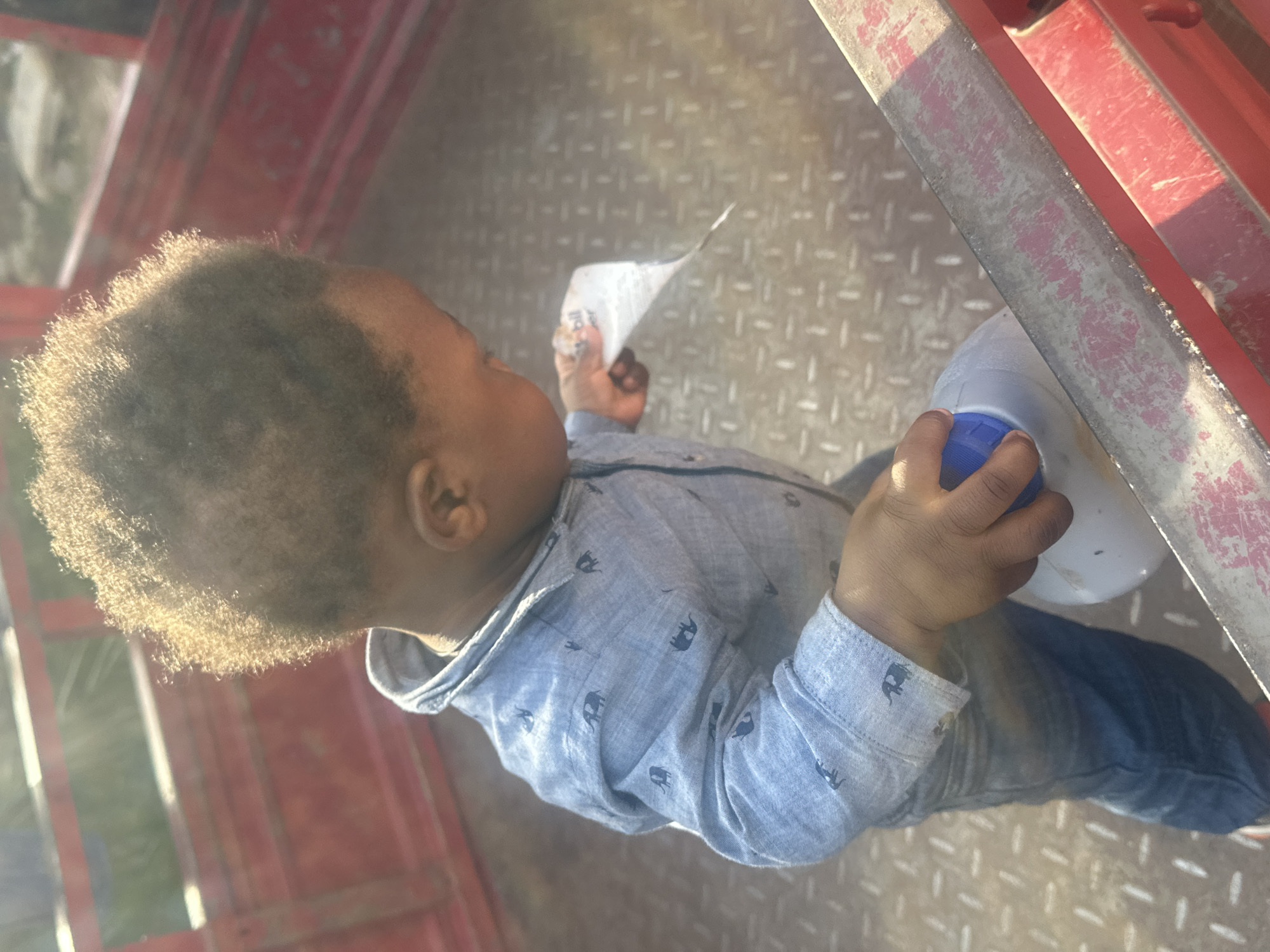 A young child, appearing to be between 1-3 years old, with dark curly hair and brown skin, is standing in the bed of a red metal cart. The child is wearing a light blue button-up shirt with a subtle elephant pattern and blue jeans. In their right hand, the child holds a crumpled piece of white paper. Their left hand is holding a white plastic bottle with a blue cap. The cart's floor is a diamond-plate metal surface. The background shows a blurred red metal structure, possibly part of the cart, with sunlight filtering through. The scene is outdoors, with indications of natural light and potentially a rural or semi-rural environment. There is no information within the image to indicate the specific location as Gura Top, Nigeria.