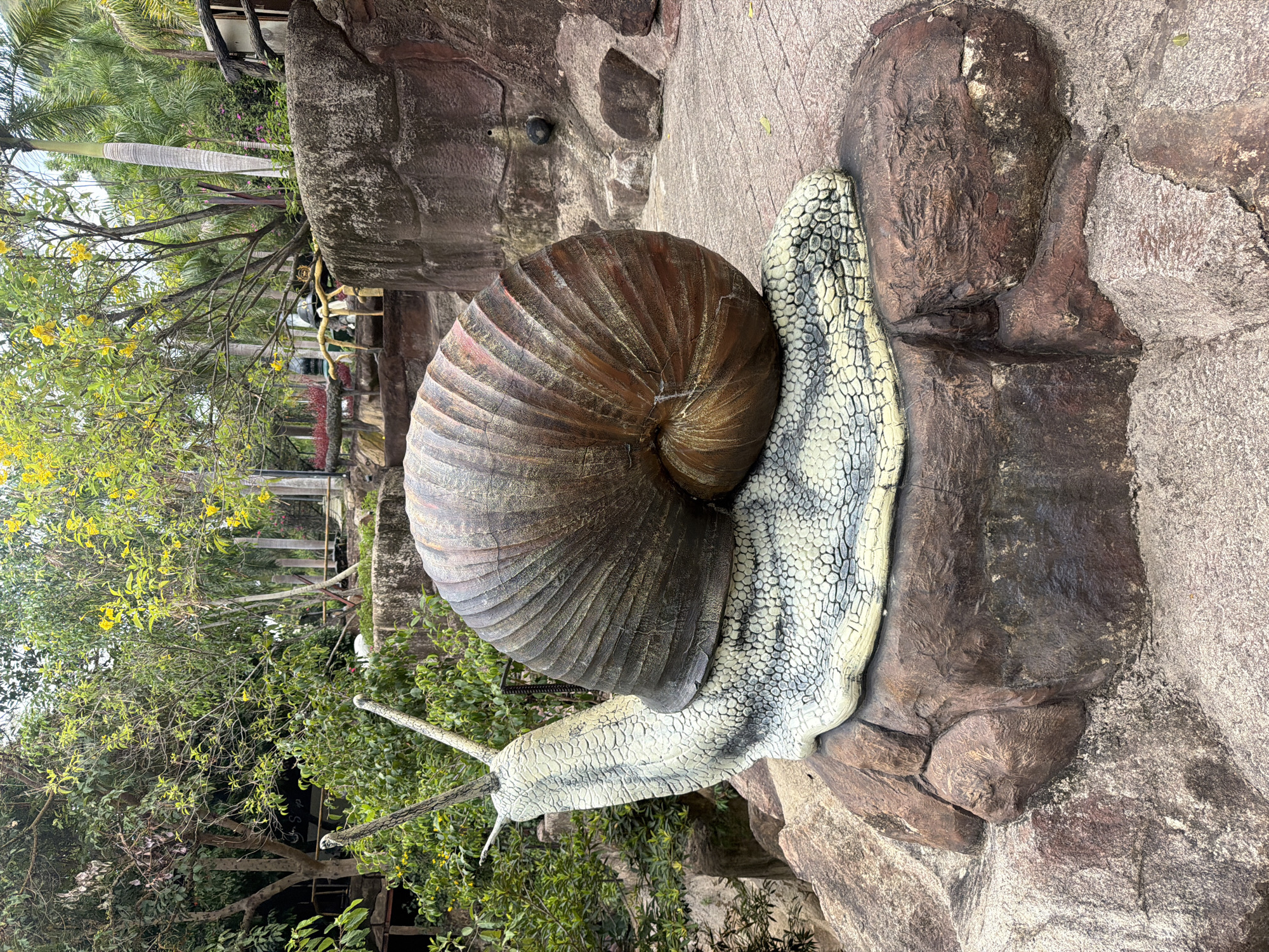 The image depicts a large, realistic sculpture of a snail situated on a rocky platform. The snail's shell is a prominent feature, rendered in shades of brown and bronze with visible ribbed detailing. Its body is a pale, textured green and white, mimicking the appearance of snail skin, and it possesses two antennae extending upwards. The sculpture is positioned outdoors, surrounded by lush vegetation, including trees with yellow flowers and palm trees. Rocky structures and paved pathways are also visible in the background, suggesting a park or garden setting. This sculpture is located at the Vinpearl Land amusement park on Hon Tre Island, off the coast of Nha Trang, Vietnam. There are no people or animals actively interacting with the sculpture or present in the immediate vicinity.