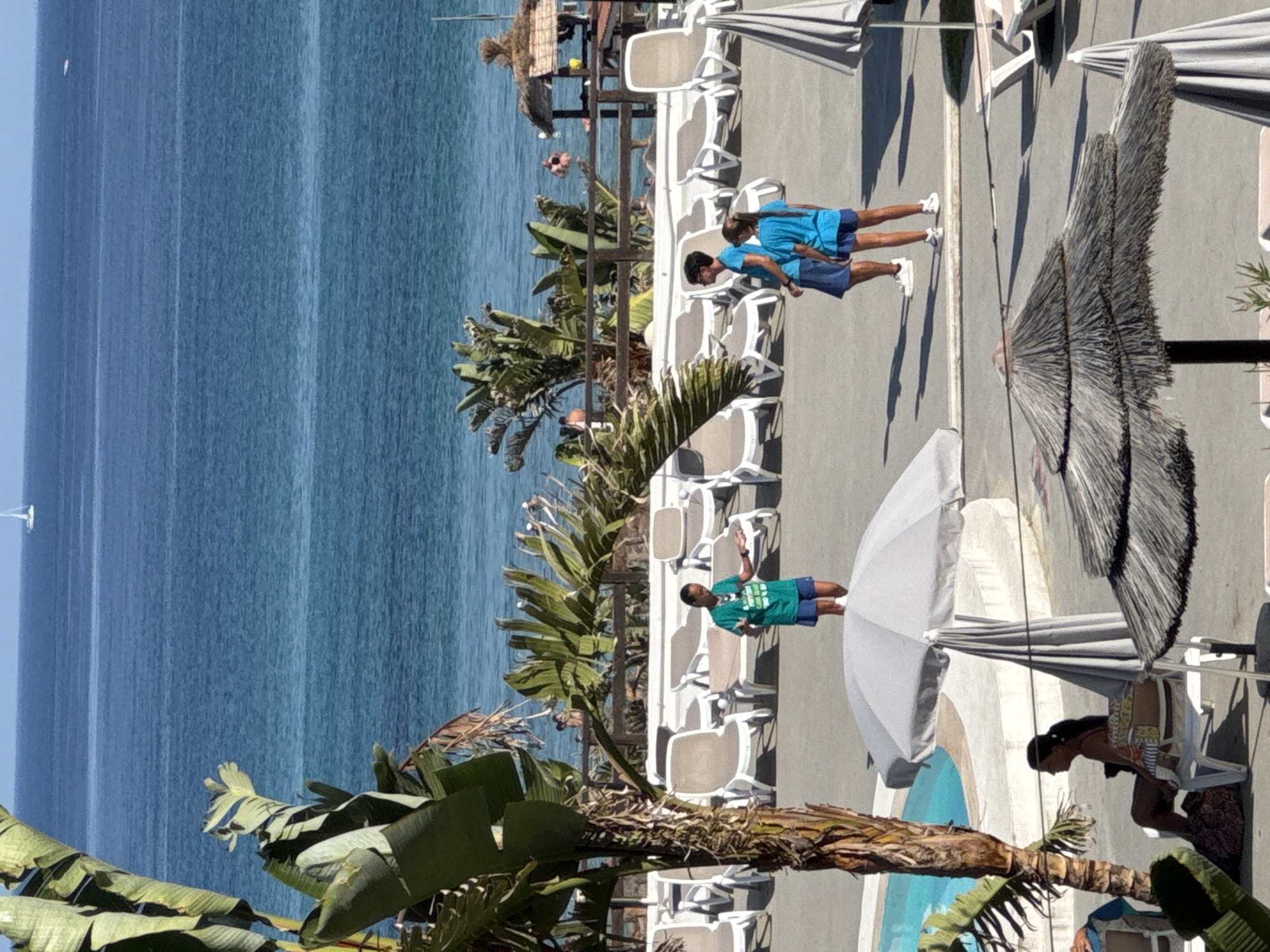 The image depicts a sunny day at a resort or beachside location, likely Isola delle Femmine, Italy, given the blue Mediterranean Sea. In the foreground, a large palm tree stands on the left, with its fronds obscuring part of the view. A swimming pool with clear blue water is visible next to the palm tree. Several lounge chairs, mostly empty and arranged in rows, are scattered across a paved area. Two grey, modern umbrellas and two straw-thatched umbrellas are also present.
In the middle ground, three young people are standing on the paved area. One individual, wearing a green t-shirt and blue shorts, appears to be interacting with something out of frame. Two other individuals, one wearing a blue t-shirt and navy shorts, and another in a blue t-shirt and blue shorts, are standing together, looking to their left.
In the background, the calm, blue sea stretches to the horizon under a clear sky. A white sailboat is visible in the distance. A wooden fence separates the paved area from the sea, with some greenery and palm trees behind it. Beyond the fence, a few people can be seen on a beach or walkway near the water. A small thatched-roof structure, possibly a lifeguard station or bar, is situated on the right side of the background.
On the far left, a woman is sitting in a lounge chair, her back to the camera, looking out towards the sea. She is wearing a dark top and a skirt or dress with a colorful bag on her lap. The overall atmosphere is one of leisure and relaxation on a warm day.