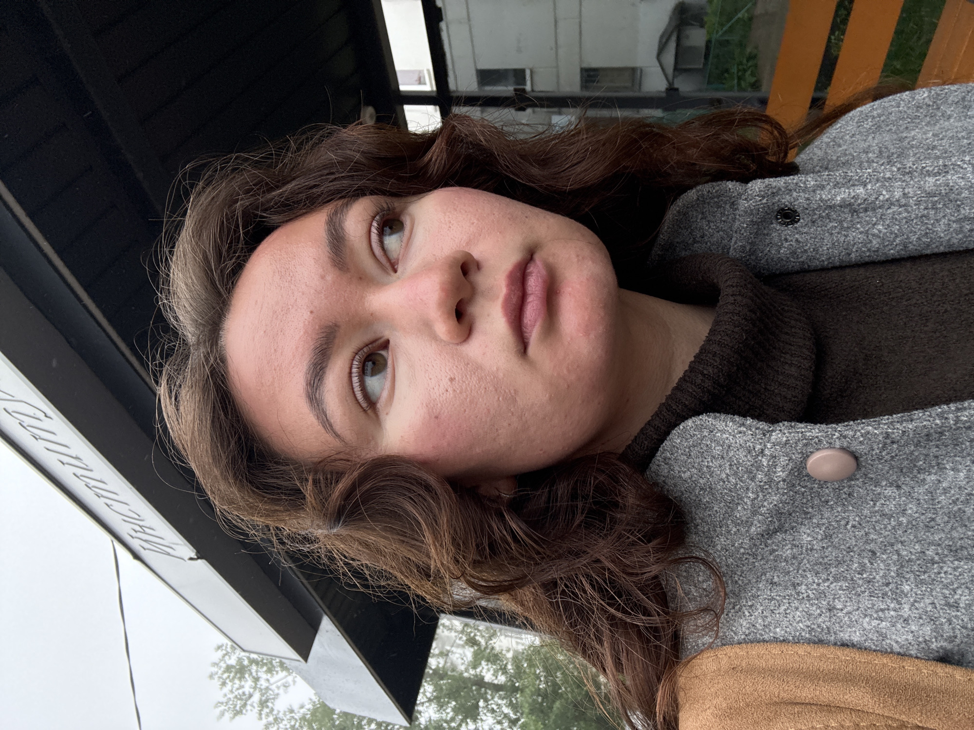 A close-up, eye-level portrait features a young woman, oriented with her head to the left of the frame. She has medium-long, wavy brown hair. She is wearing a grey textured coat with a light brown button on the right side and a black snap on the left, over a dark brown, possibly ribbed, sweater. A beige/tan fabric is visible on the lower right, possibly part of another garment.
Her face is the central focus, showcasing natural skin texture with visible pores and some redness on her cheeks. She has natural pink lips and well-defined, dark eyebrows. Her light brown eyes are cast upwards and slightly to her right (from the viewer's perspective if the image were rotated correctly), suggesting a contemplative or observant gaze.
The background is somewhat blurred, indicating an outdoor setting during daytime with soft, diffused light, possibly overcast. To her left, a dark structure is visible, followed by a lighter surface with inverted and rotated text. Although partially unreadable, the text appears to hint at "CHAIKOVSKY", aligning with the given location context of Chaikovsky, Russia. Beyond this, a light sky and green tree foliage are visible. On her right, an orange vertical slat, possibly part of a chair or outdoor furniture, can be seen. The overall mood of the image is natural and serene.