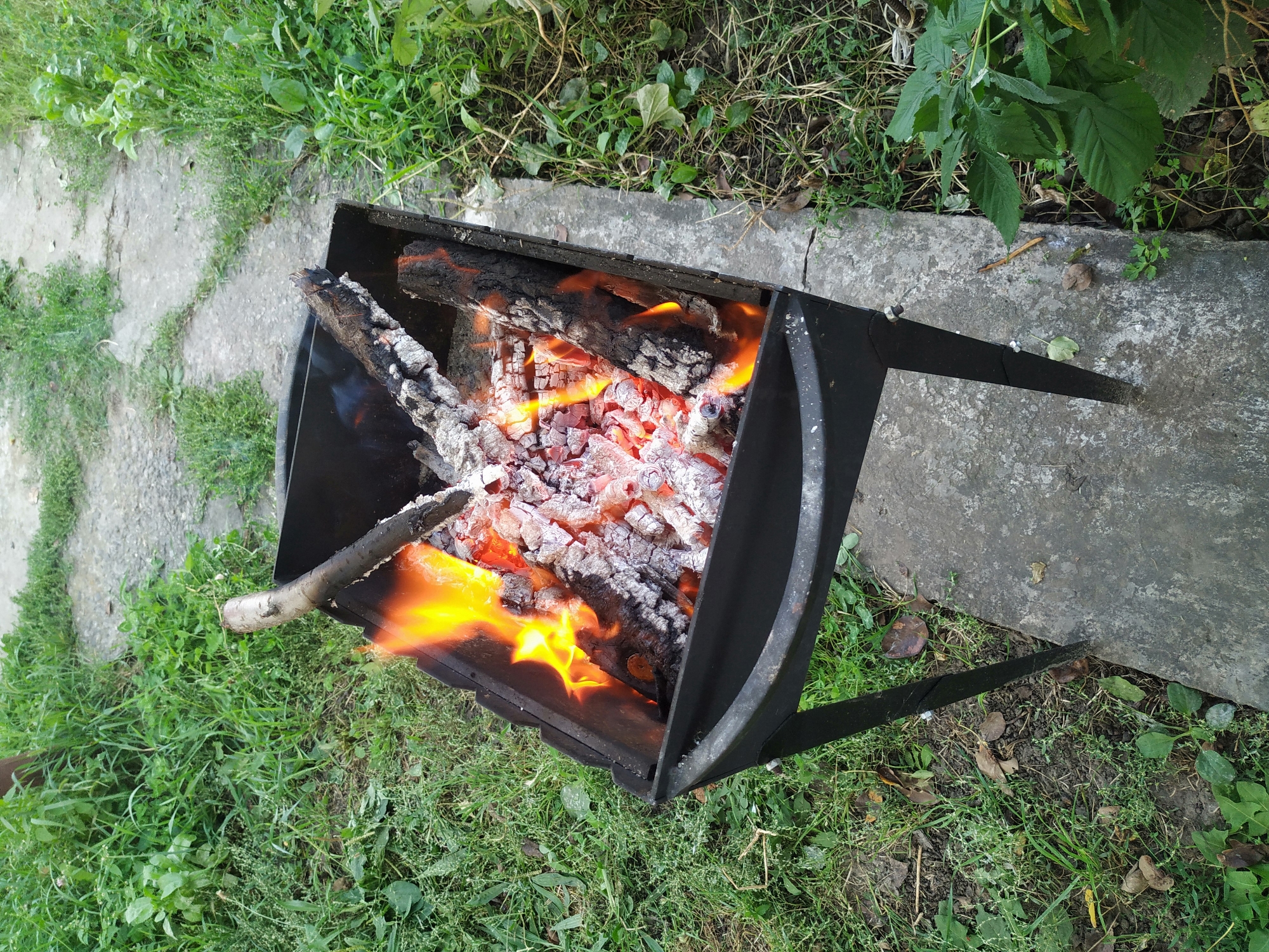 An outdoor, high-angle, full shot shows a black metal grill with burning logs and glowing embers inside. The grill is situated on a concrete path surrounded by green grass and weeds. A larger concrete slab runs along the right side of the grill. The scene appears to be in a yard or garden.