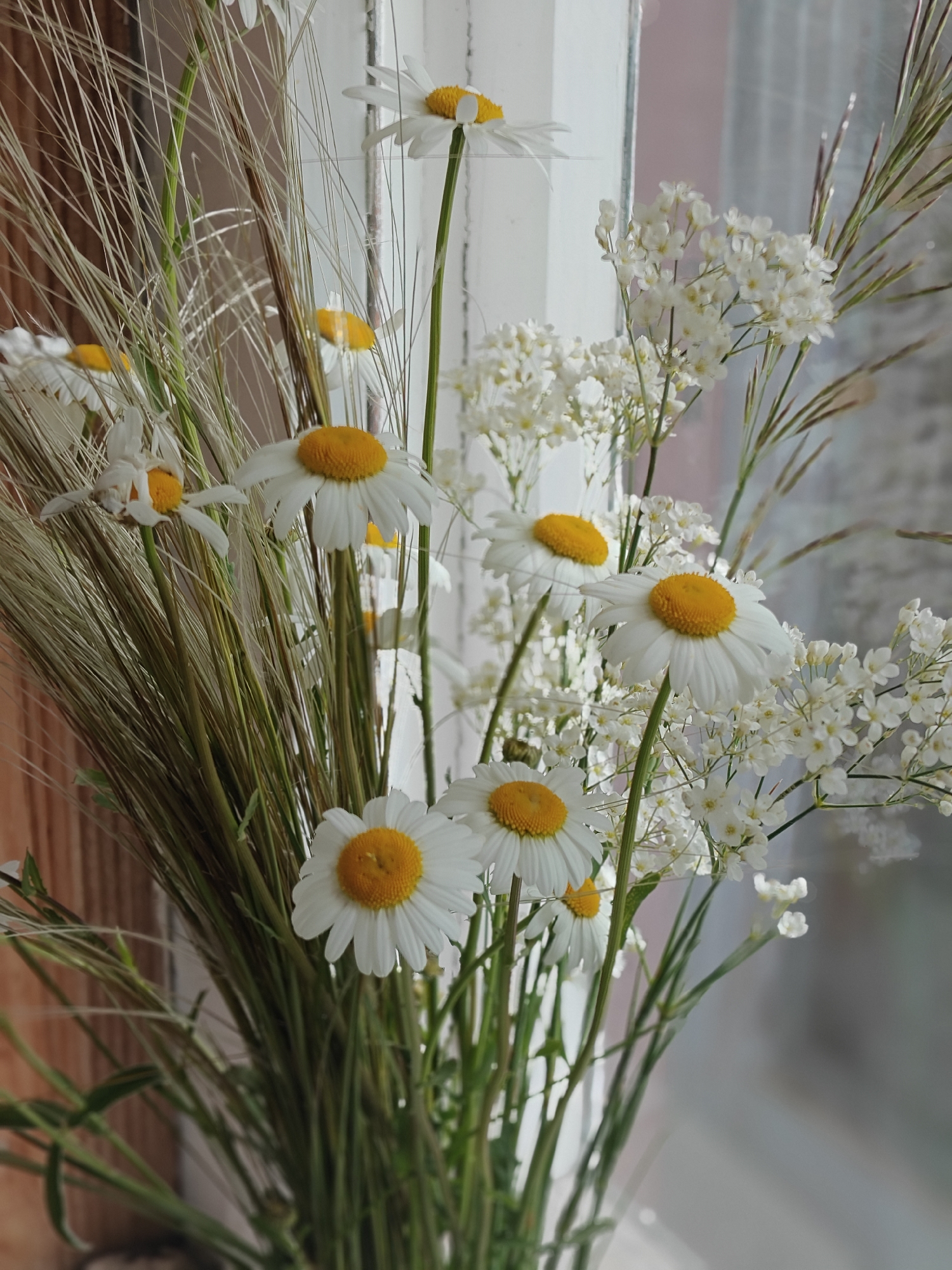 A bouquet of daisies and white flowers is in a vase, likely indoors near a window. The daisies are predominantly white with yellow centers, while the smaller white flowers have delicate, branching stems. Tall, dry grass-like elements are interspersed among the flowers. The background is blurred, showing what appears to be an interior wall and a window with a muted outdoor scene. The location of Knyshivka, Ukraine, is not directly discernable from the visual elements alone. There is no indication of people or specific actions within the frame.