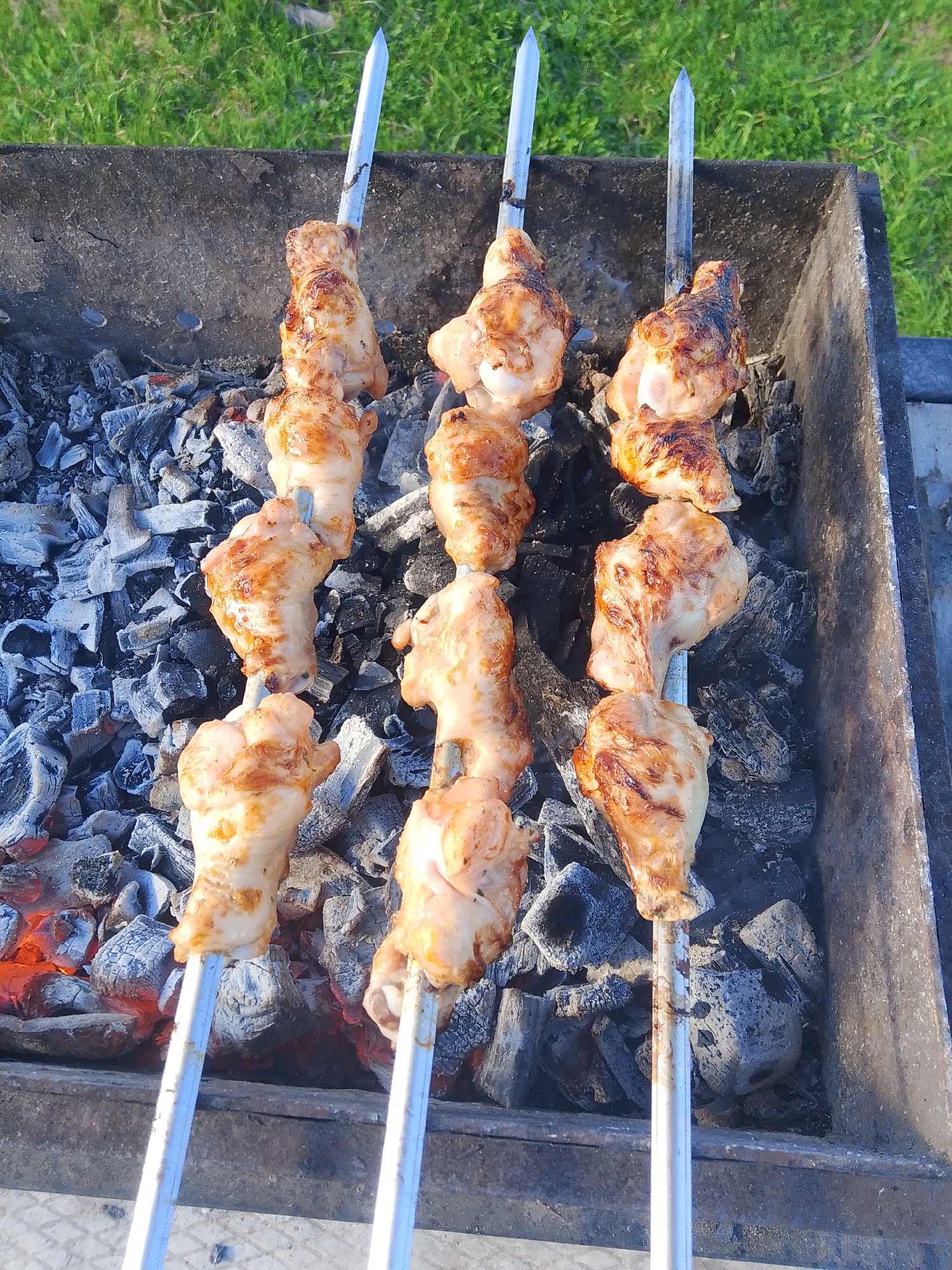 Three metal skewers are placed on a charcoal grill. Each skewer holds three pieces of cooked chicken. The grill is filled with charcoal, some of which is still glowing red. The grill sits on a concrete surface, with green grass visible in the background. The location is Фоки, Russia.