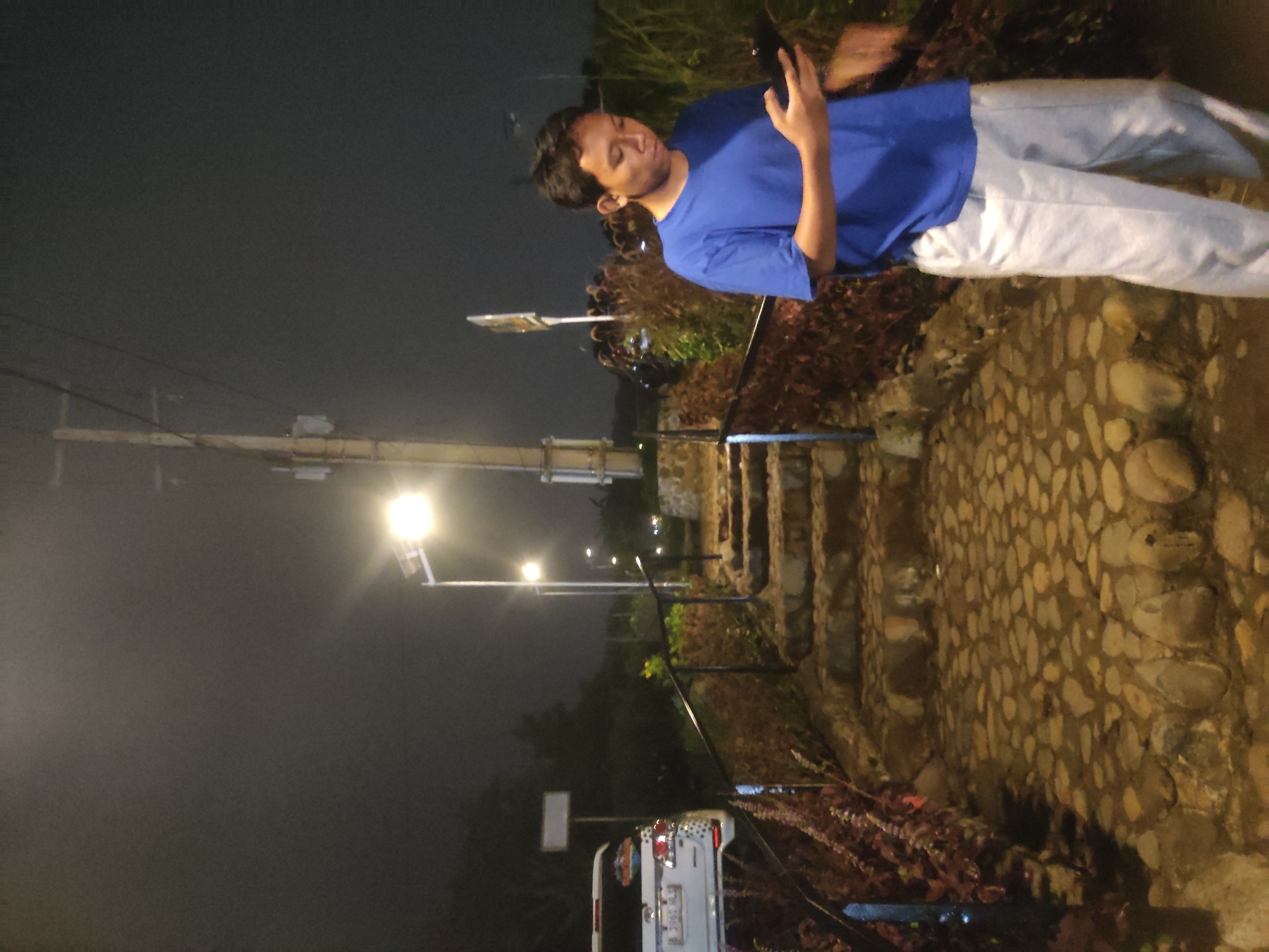 A man in a blue t-shirt and light-colored pants stands on a stone pathway, appearing to look at a phone he holds in his hand. The setting is outdoors at night. Street lights illuminate the scene, particularly the pathway and the surrounding foliage. In the background, a white vehicle is visible. The location appears to be in a park-like setting in Babakan Madang, Indonesia. The pathway has stairs with metal railings. The ground is covered with small stones. Vegetation is visible along the sides of the pathway. Electrical wires and utility poles are also present in the background.