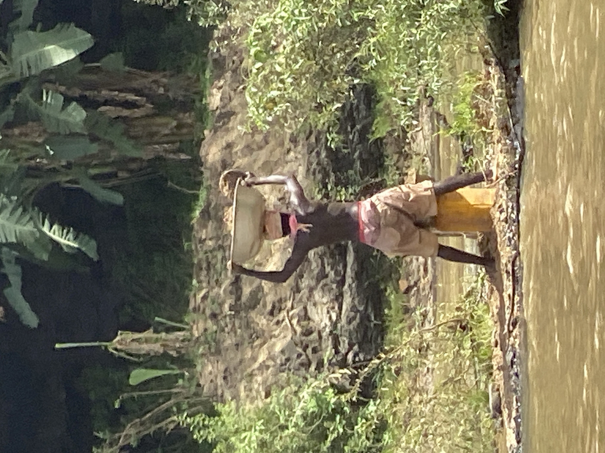 An outdoor photograph, likely taken during daylight hours, shows a person by a muddy riverbank in Maigizo, Nigeria. The individual, appearing to be male with dark skin, is positioned on the earthy bank next to the water, facing slightly away from the camera and towards the body of water. He is wearing light-colored shorts and his torso appears bare. He holds a large, light-colored, possibly metal, basin or pan, suggesting he is either collecting water or engaged in washing. Next to his feet, a yellow plastic container or bucket is visible on the bank. The water itself, on the right side of the frame, is a murky, brown-yellow color. The left side and background are rich with lush green vegetation, including broad-leafed plants resembling banana trees and various bushes, indicating a fertile environment. The overall lighting suggests a clear, sunny day. There is no visible text in the image.