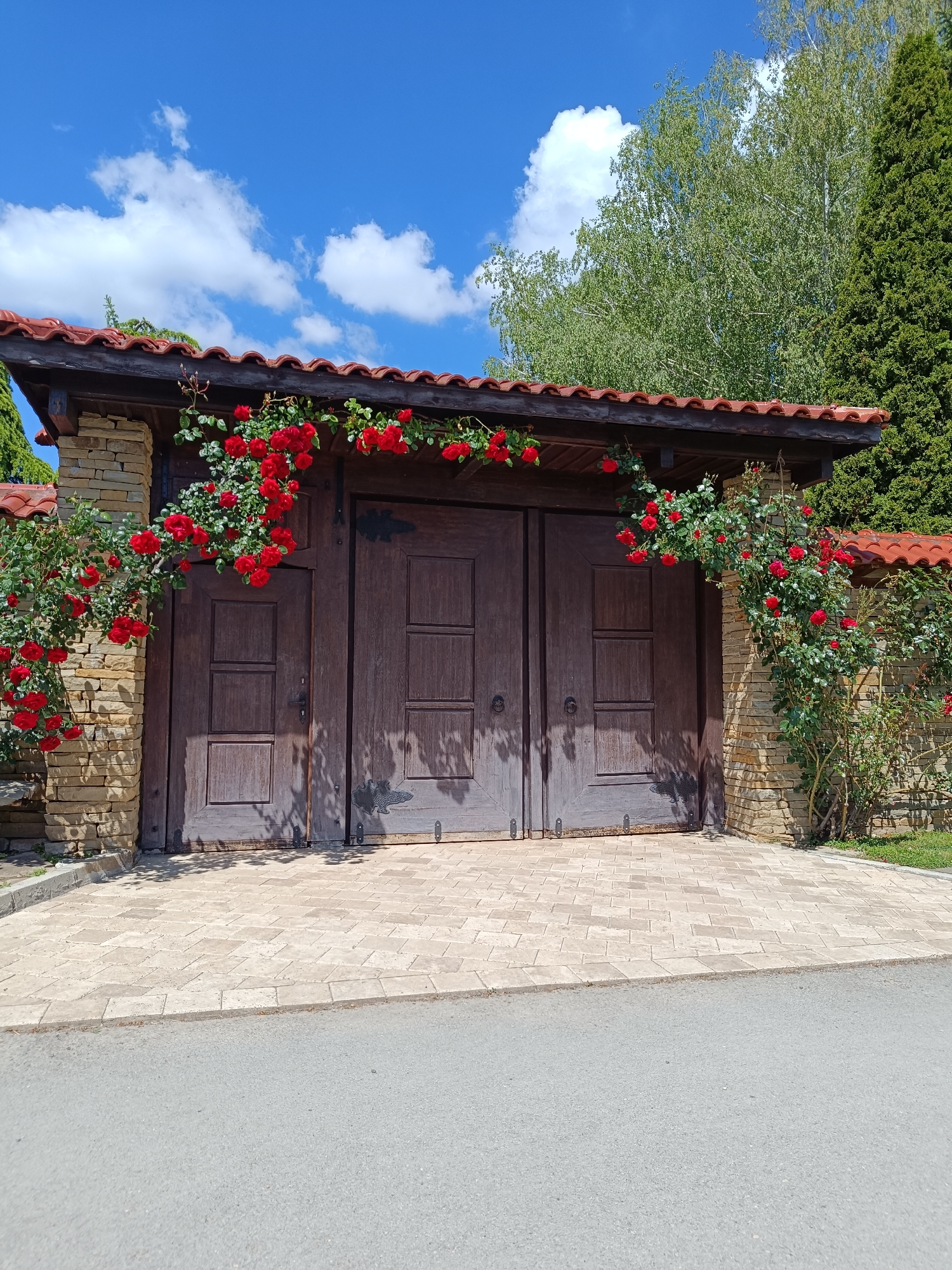 The image shows a large, wooden gate with a red tiled roof and stone pillars, adorned with red roses. The gate is centered in the frame, with a cobblestone driveway leading up to it and a paved road in the foreground. The gate is constructed of dark-stained wood panels and has decorative metal hinges and handles. The roof is made of red clay tiles, and the pillars supporting the roof are constructed of tan-colored stone. Red roses are climbing the pillars and cascading over the gate. Behind the gate, there is greenery, including trees and shrubs. The sky is blue with scattered white clouds. The scene appears to be a residential entrance or a gate leading to a private property. Vasil Drumev, Bulgaria is mentioned as the location in the context.