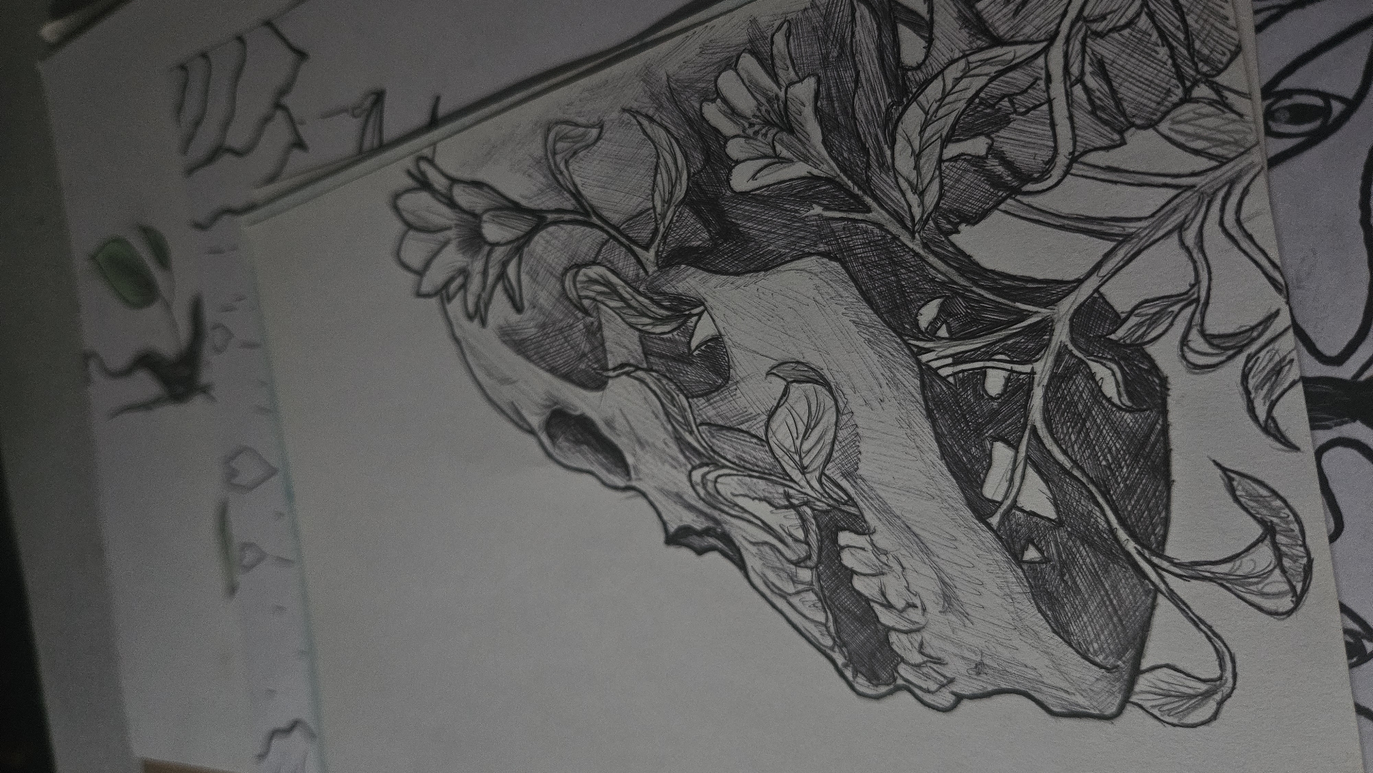 A sketch on a white paper depicts a wolf skull with flowers and leaves intertwined around it. The skull is drawn in profile, facing left, with its teeth bared. Hatching is used to create shading and texture on the skull and the surrounding foliage. The flowers are delicate and appear to be in various stages of bloom. The overall style of the sketch is detailed and somewhat macabre, blending elements of nature with mortality. The background is plain white paper. The image is a close-up, focusing on the artwork.