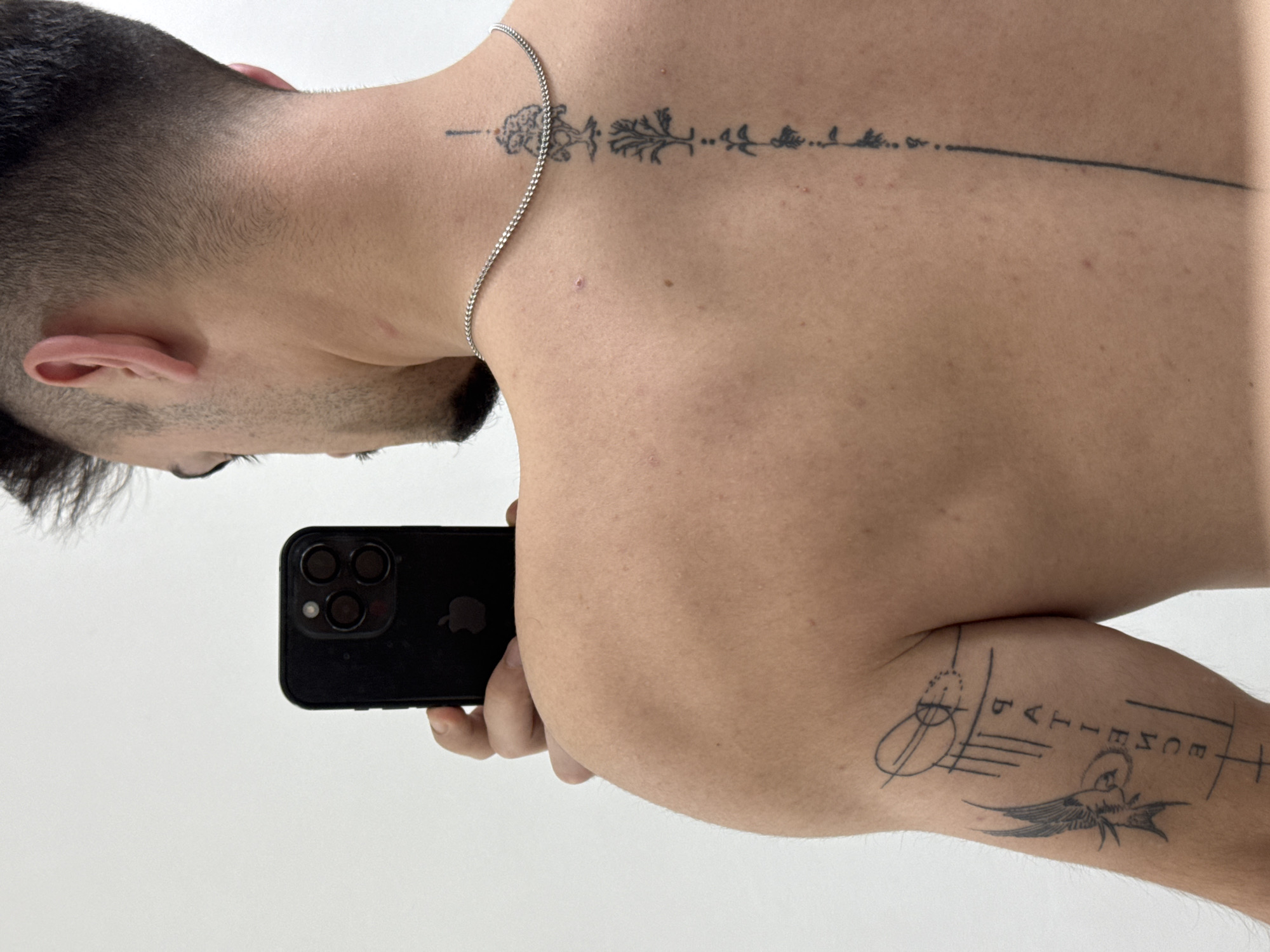 A close-up, rotated image captures the upper body of a person, likely male, from the left side against a plain white background. The person has short, dark hair with a faded haircut on the sides and back of their head, and a visible ear. A thin silver chain necklace is draped around their neck and shoulder.
The person is holding a black smartphone, identifiable as an iPhone with its distinctive triple-camera module, in their right hand. The phone is angled as if taking a photo or video, possibly a mirror selfie.
Two distinct tattoos are visible. One prominent tattoo runs down the person's upper back, starting from the base of the neck. It features a stylized line adorned with various small, intricate designs resembling trees, plants, and abstract symbols. Another detailed tattoo is present on the person's upper right arm. This tattoo incorporates geometric shapes, circles, lines, and a bird-like figure, possibly a swallow, with outstretched wings. Vertically integrated into this arm tattoo is the word "PATIENCE".
The skin shows minor blemishes. The indoor setting features bright, plain walls. The image provides no specific visual cues to confirm the location as Sofia, Bulgaria.