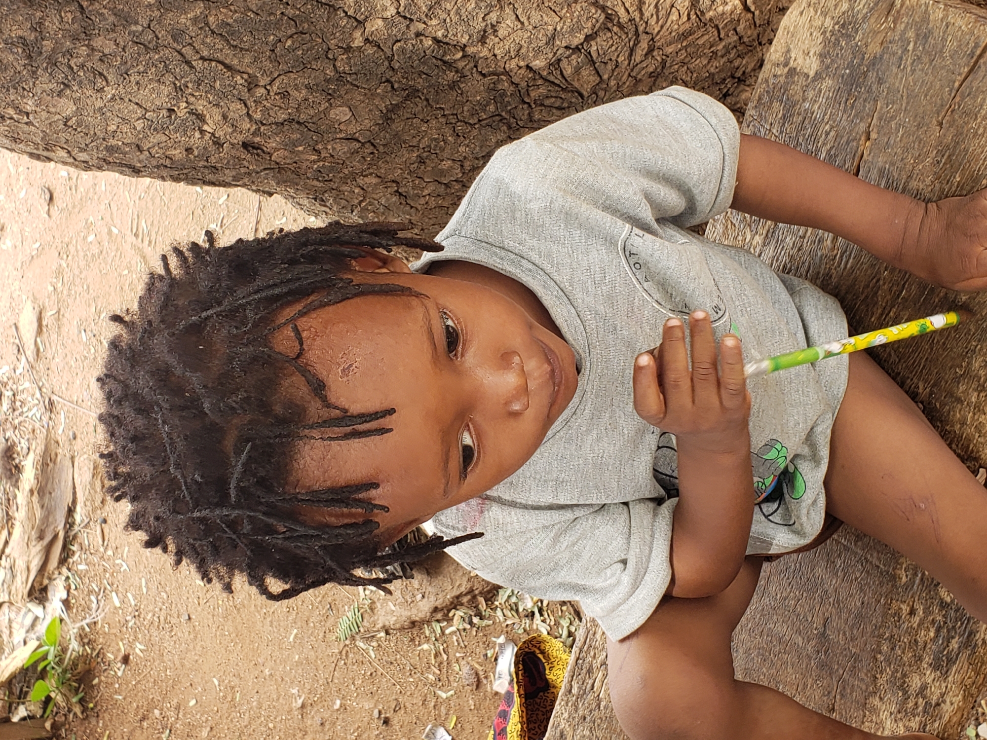 This image features a young child with dark skin and dreadlocks, seated outdoors in Adankolo, Nigeria. The child is wearing a light grey short-sleeved t-shirt, which has a partial graphic design on the lower left side revealing letters such as "O T L" and "W M".
The child is holding a green and yellow object, possibly a pencil or a decorative straw, in their right hand, with fingers lightly curled around it. Their head is tilted slightly, and their gaze is directed downwards, suggesting focus or curiosity towards the object they are holding. A slight sheen is visible on the child's forehead.
The setting includes natural elements like a large tree trunk with deeply textured bark, forming a background and partial foreground. The child is seated on a rough-hewn wooden plank or bench. The ground around them is a sandy or dirt surface, with scattered dry leaves and small green plant growth visible. The bright, even lighting indicates it is daytime. The overall scene portrays a quiet moment of a child engaged in play or contemplation in a natural, rustic environment.