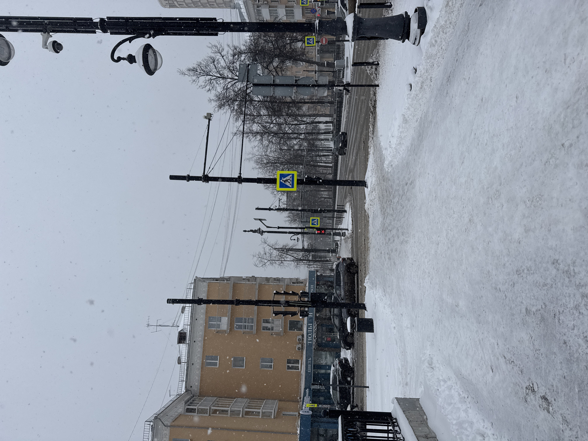 The image captures a snowy street scene in Perm, Russia, during what appears to be winter. The scene is vertically oriented. A street runs through the image, covered with patches of snow and slush in the road. The sidewalk to the right is completely covered in snow. Black poles line the street on both sides and are outfitted with lamps, traffic lights, pedestrian crossing signs, and security cameras. Several bare trees stand along the side of the street. A light brown building is on the left with visible windows and commercial signage. There are several dark colored cars parked along the street. The sky is gray and overcast, with visible snowfall. The overall atmosphere suggests cold weather conditions.